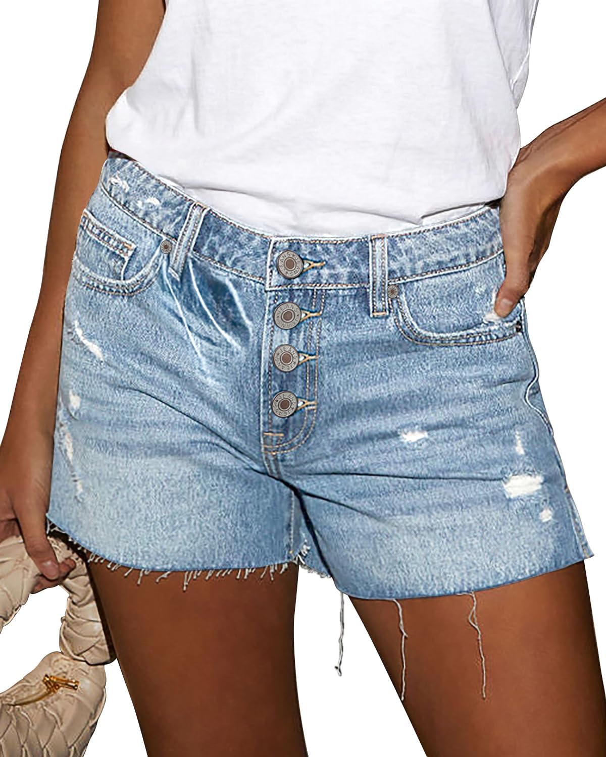 onlypuff Women Ripped Denim Shorts Distressed Mid Rise Stretchy Casual Jean Shorts - Image 4