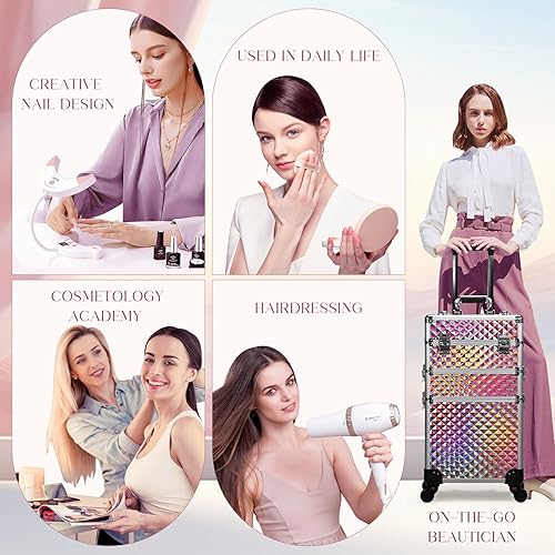 Miniatura 3 de FRENESSA Estuche de tren de maquillaje rodante 3 en 1, carrito de cosméticos profesional, gran almacenamiento para esteticistas, estilistas,