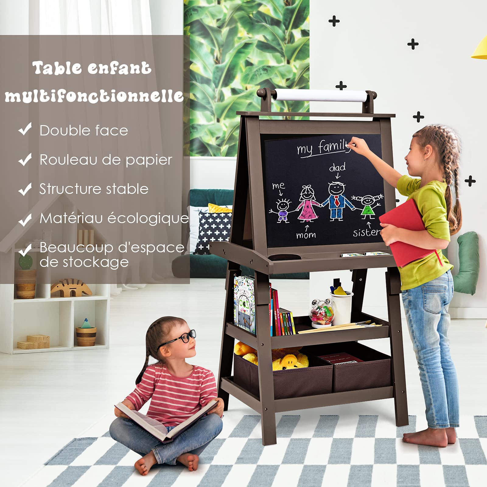 DREAMADE Chevalet Peinture pour Enfants avec Double Faces Noir et Blanc, Table àDessin pour Fille et Garçon avec 2 Étagères de Rangement, Multifonctionnel avec Accessoires Riches (Café)