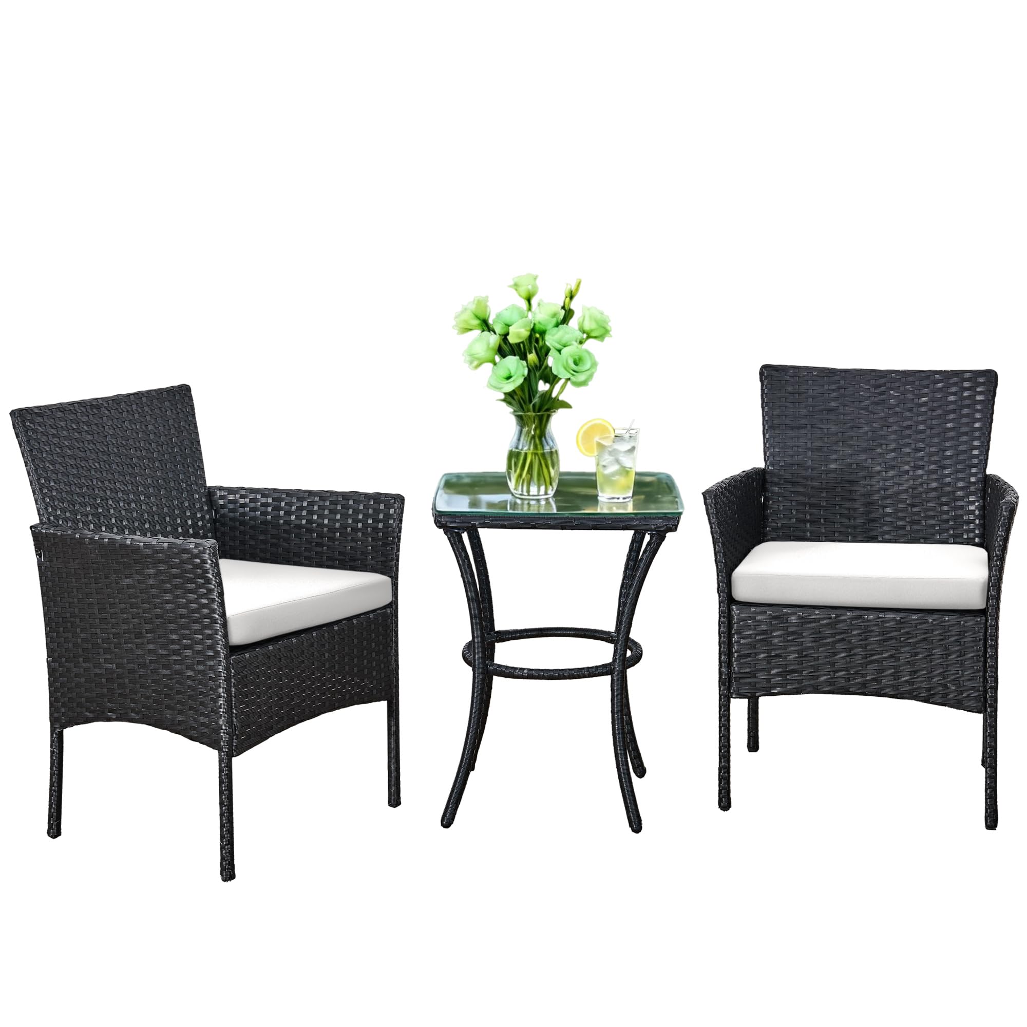 Yaangagpe 3 Piece Black Rattan Bistro Set, Garden Furniture with 1 Coffee Table, 2 Single Rattan Chairs & Beige Removable Cushions for Balcony, Backyard, Porch & Conservatory