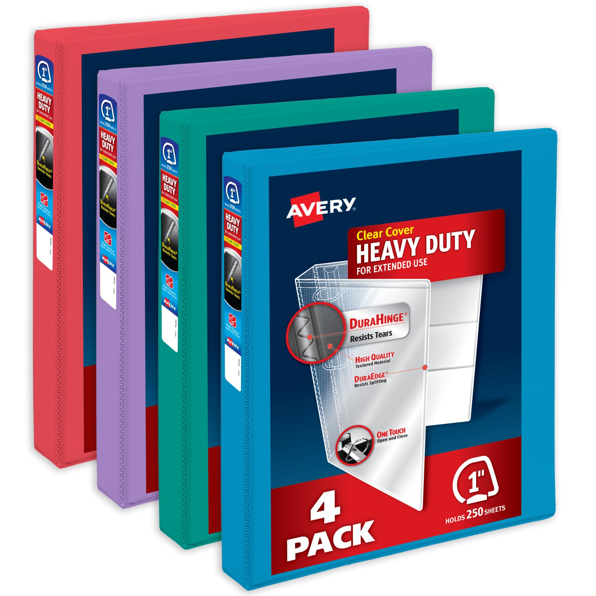 Avery Raccoglitori a 3 anelli resistenti, anelli inclinati One Touch da 2,5 cm, capacità 250 fogli, DuraHinge, dorso largo 3,6 cm, copertina trasparente e dorso personalizzabili, colori vivaci