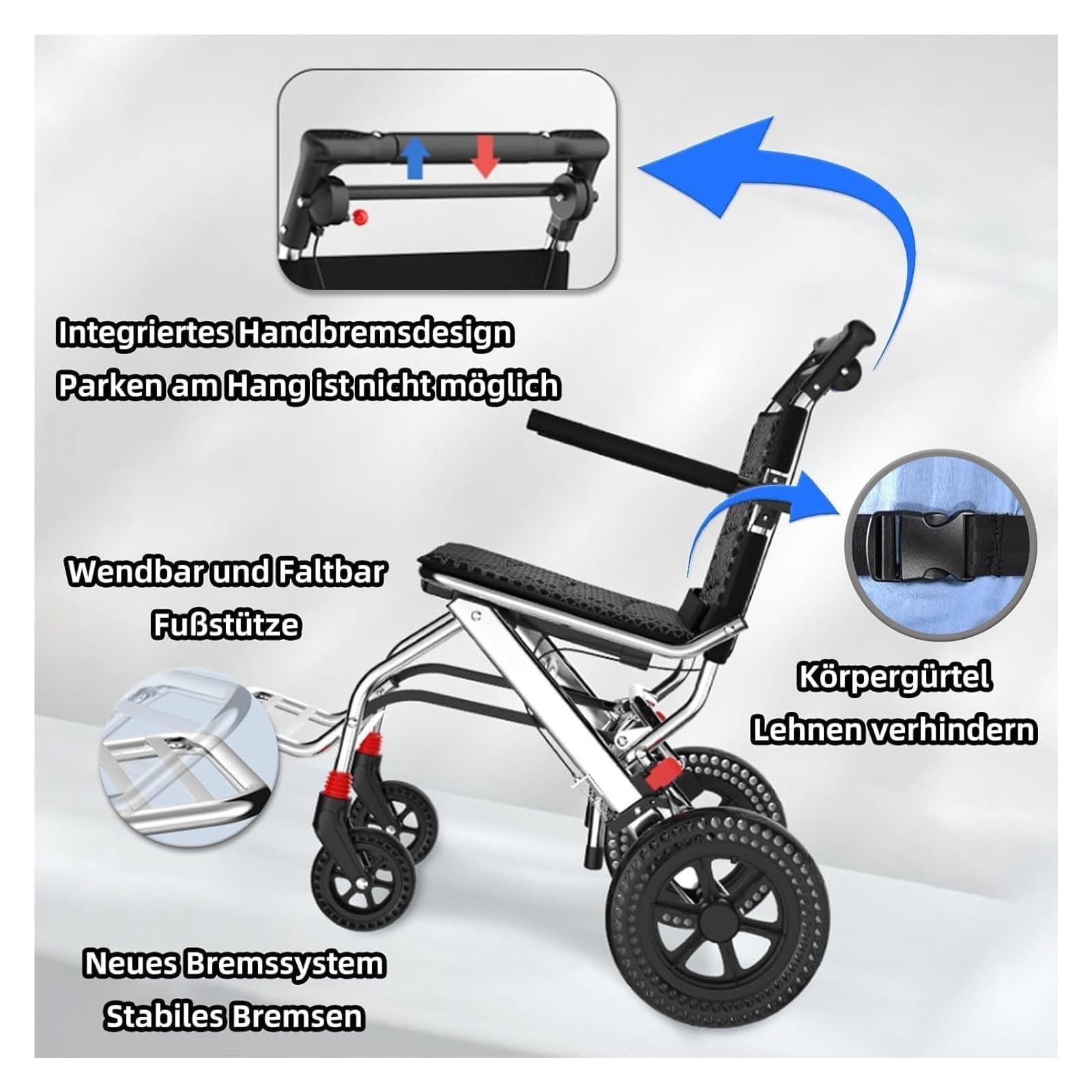 Sedia a rotelle da Viaggio，Sedie Pieghevoli， Sedia a rotelle Pieghevole in Alluminio Leggero con braccioli reversibili Rollator Pieghevole e Leggero