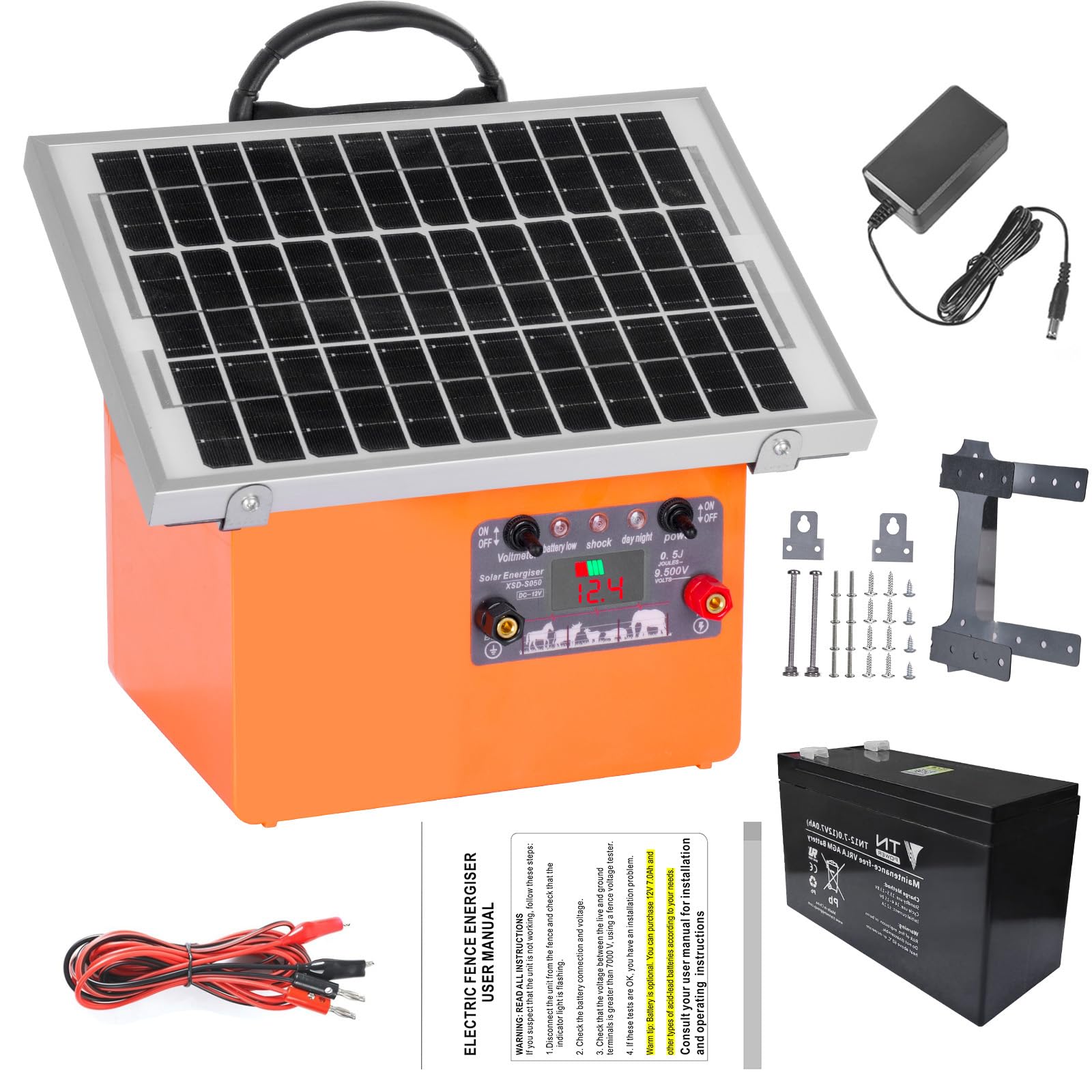 12V Solar Pastor Electrico,32KM cerca eléctrica Controlador de 0.5J / 9.5KV | con batería de Panel Solar de 7.5W, para prevención de vida silvestre, granjas, aves de corral, jardines