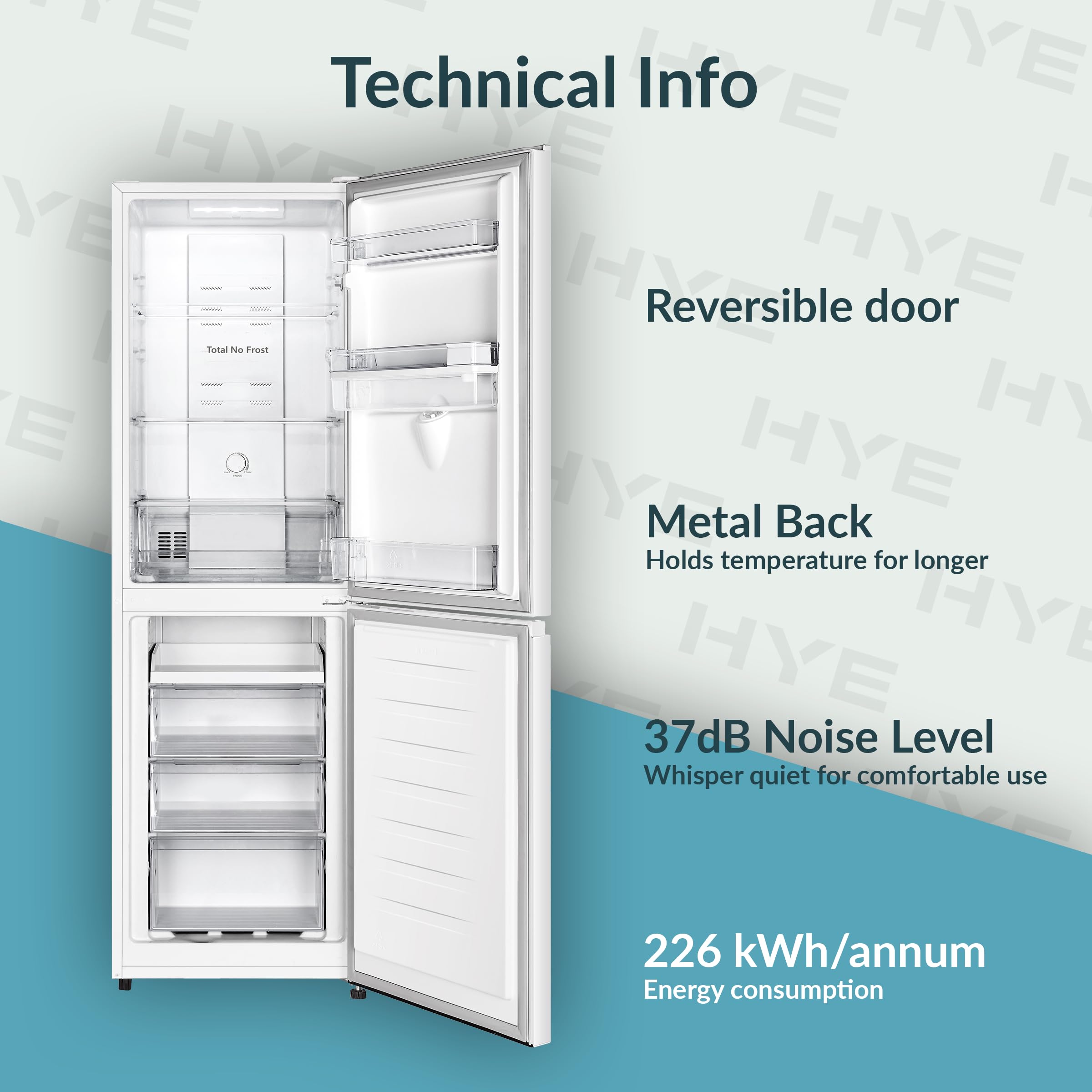 HYE Fridge Freezer - 50/50 Freestanding Fridge Freezer, 182.4cm Height, 55cm Width, 256 Litre Capacity, Total No Frost & Non-Plumbed Water Dispenser, White - RF01FF256W18 — view 5