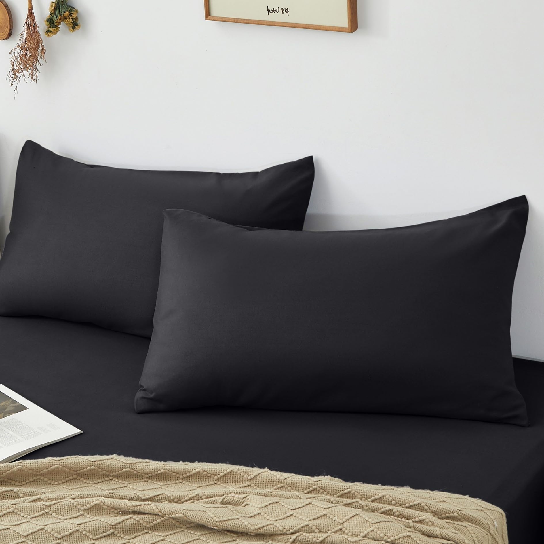 Victoria & Carter Black Pair Of Pillowcases (50Cmx75cm) - Ultra Soft Microfibre Pillow Covers, Wrinkle-Resistant, Shrink And Fade Resistant, Easy Care, Breathable, Hypoallergenic Fabric For A Comfortable Sleep (Black)