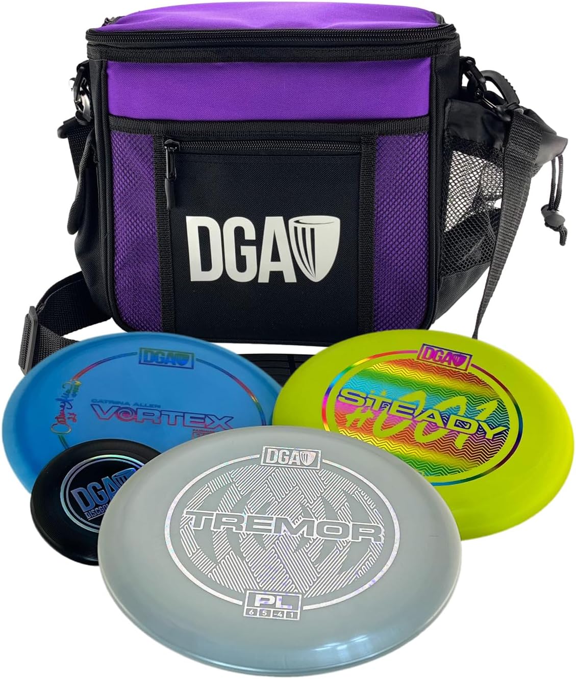 DGA Beginner Disc Golf Starter Set with Lightweight Disc Bag, Premium Driver, Premium Midrange, and Baseline Putter & Mini Marker – Perfect for New & Casual Players (Purple)