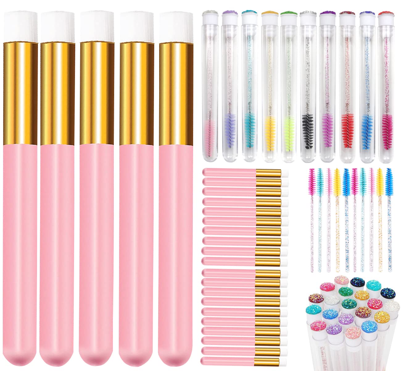 70 Pieces Lash Shampoo Brushes Facial Cleansing Makeup Brushes,Include 30 Eyelash Extensions Cleaning Brush,10 Mascara Brushes with Container,30 Diposable Lash Wands Blackhead Remover,Pink