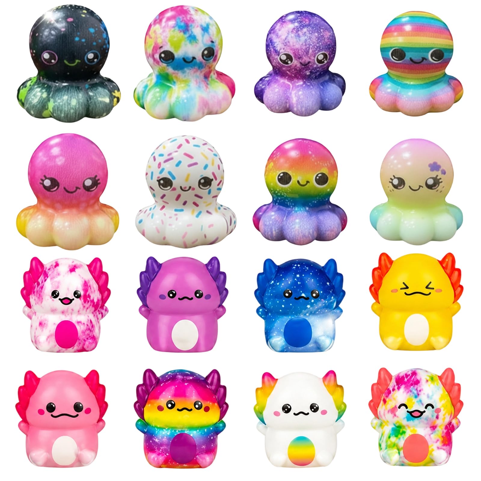 16Pcs Axolotl Squishy, Octopus and Axolotl Collection, Soft Squeeze Sensory Set, Random Colour Assortment for Quiet Hand Play