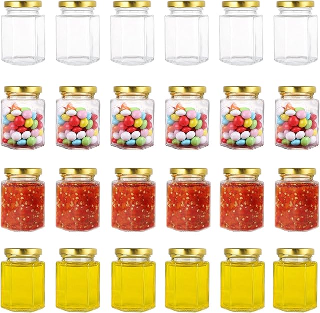 Jucoan 24 Pack 3 oz Clear Hexagon Glass Jars, Mini Canning Jars with Golden Lids for Honey, Jam, Spices, Party Favors, DIY Crafts