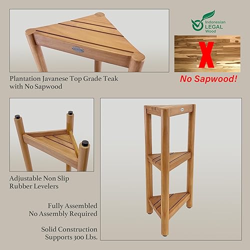 Miniatura 3 de Asta Select ST-80 - Estante esquinero de teca maciza, soporte de esquina de baño de 3 niveles, estante de esquina para baño, cocina, sala de estar,