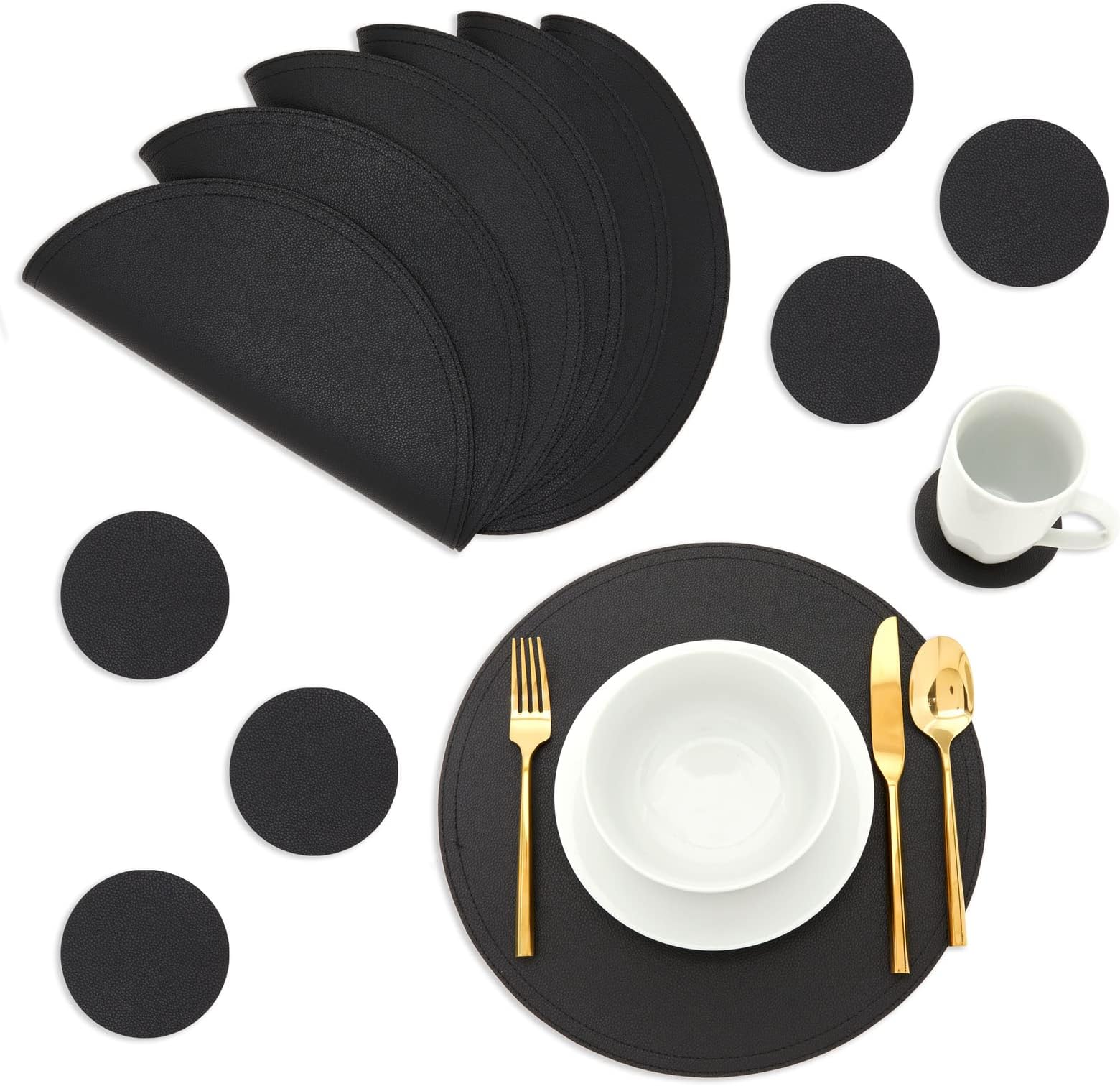 Set of 6 Black Round Placemats with 6 Matching Circle Shaped Coasters (PU Leather, 12 Pieces Total)