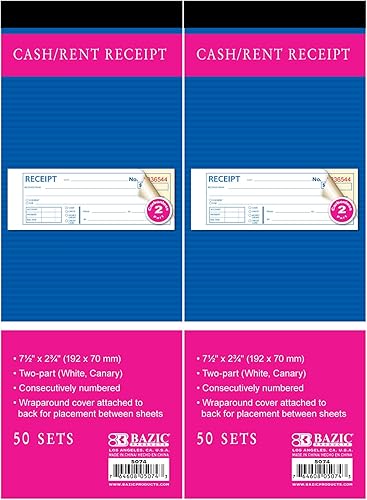 BAZIC - Libro de recibos de dinero en efectivo o alquiler, 50 juegos de 7 12 pulgadas x 2 34 pulgadas, 2 partes sin carbono, blanco y canario,