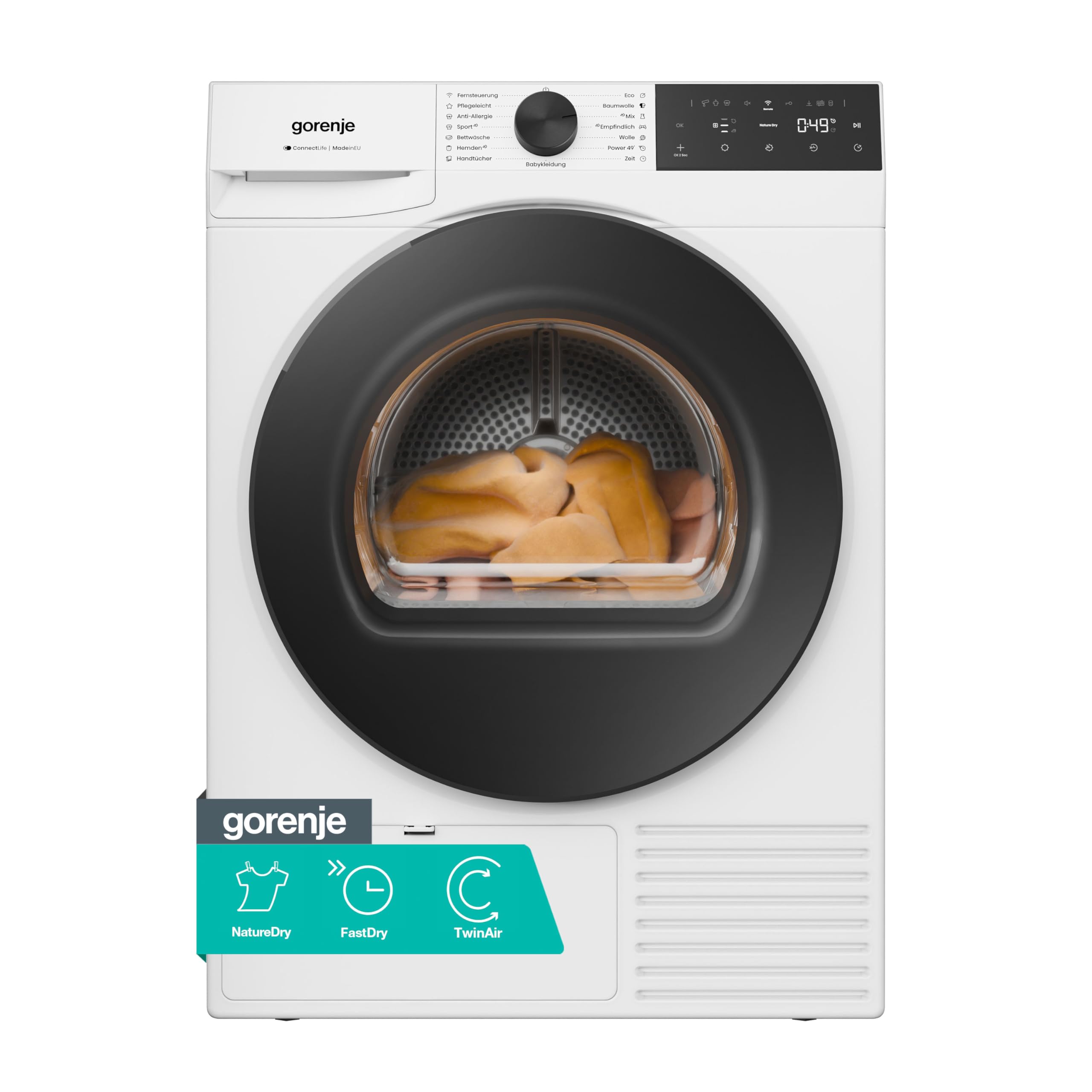 Gorenje D5G49D Trockner/Kondensation mit Wärmepumpe /9kg /15 Programme/ConnectLife/Made in EU/FastDry/TwinAir/Feuchtesensor/NatureDry/Anti-Allergie/EasyClean-Filter/Energieeffizienzklasse: D