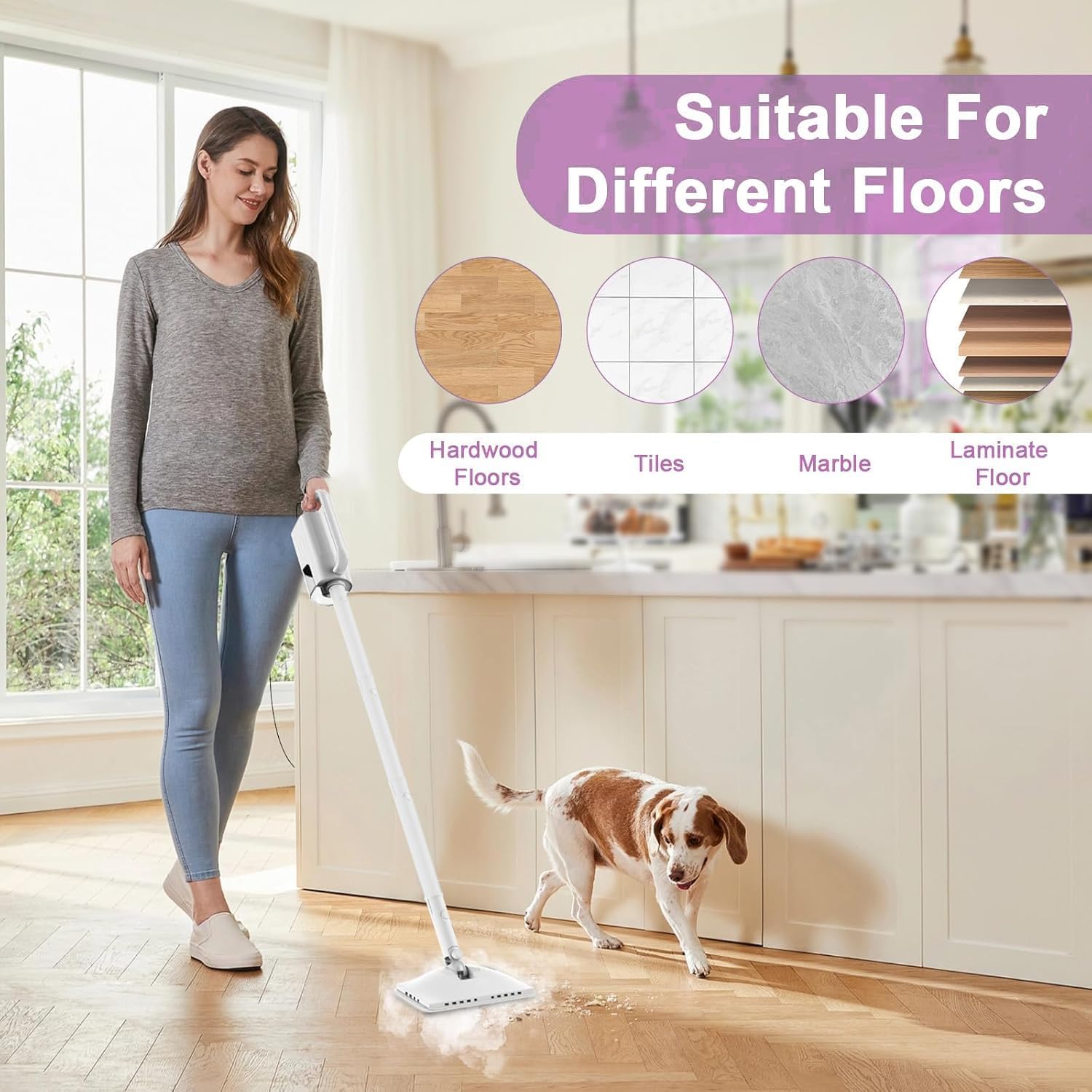 7-in-1 Steam Mop, 1200W Rotated Steam Cleaner for Home, 2 Modes, 400ML Removable Tank, 23FT Power Cord, 2 Pads, Multi-Surface Steamer for Hard Floor, Laminate Floor, Tiles Cleaning (First Frost)