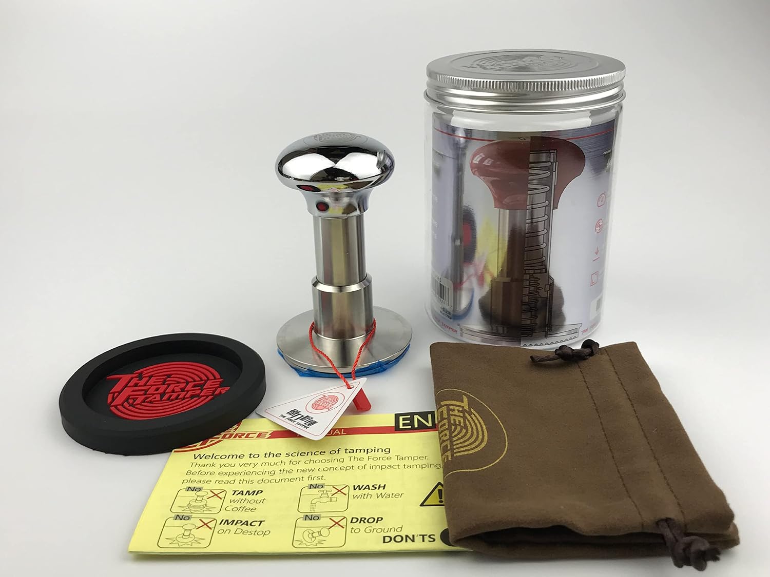 KuGuo The Force Tamper Automatic Impact Adjustable Constant Pressure and Autoleveling Coffee Tamper Silver Mirror Jellyfish AL Handle Set Pro (Standard Set, 58.50mm)