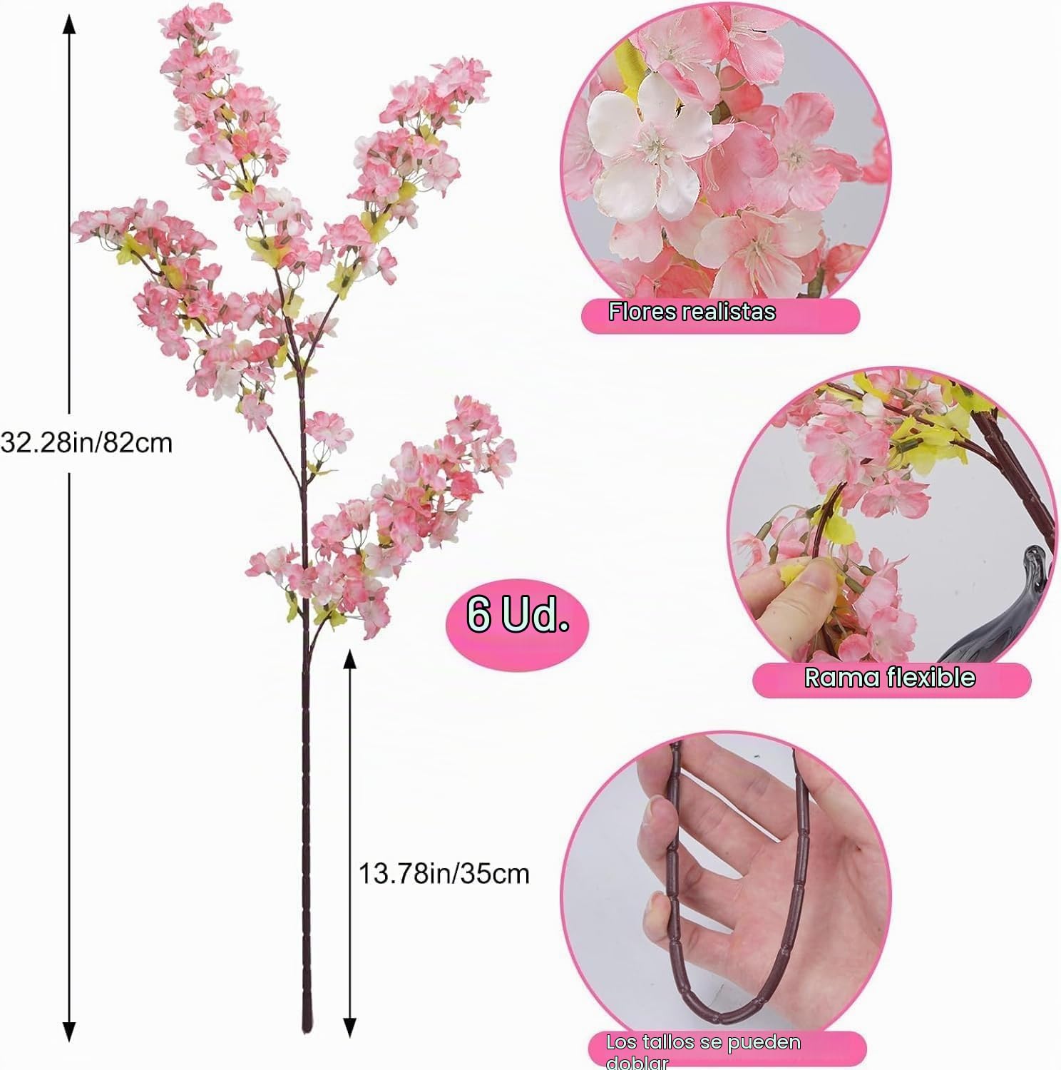 6PCS Flores de Cerezo 82cm Ramas de Cerezo Artificiales Rosa Flores de Plástico para Maceta Sakura Flores Artificiales Ramos de Flores Artificiales para Jarrón Oficina Boda Balcón