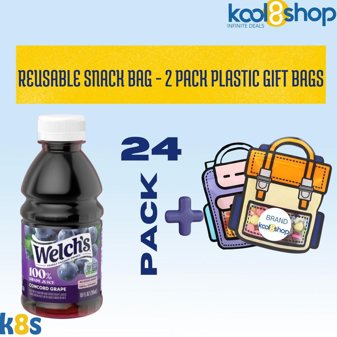 Welch’s 100% Concord Grape Juice Drink 10 fl oz Plastic Bottle 24 Pack + 2 Reusable Snack Bags by KOOL8SHOP Infinite Deals