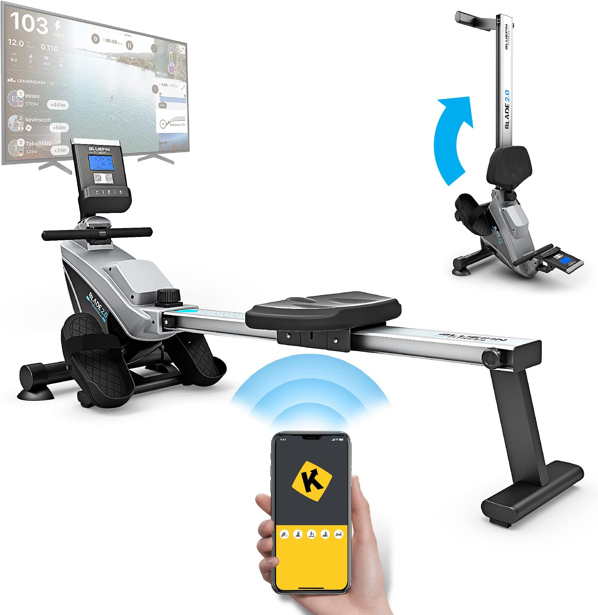 Bluefin FitnessRower Machine Blade Home Gym Foldable | Magnetic Resistance Rower | 8 x Tension Levels | Smooth Belt Drive | LCD Digital Fitness Console | Smartphone App | Black & Grey Silver