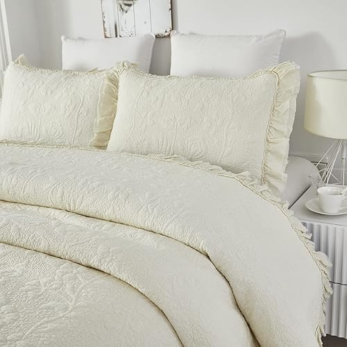 Brandream Juego de edredón blanco crema tamaño Queen de algodón Matelasse ropa de cama de lujo con volantes juego de edredón de 3 piezas