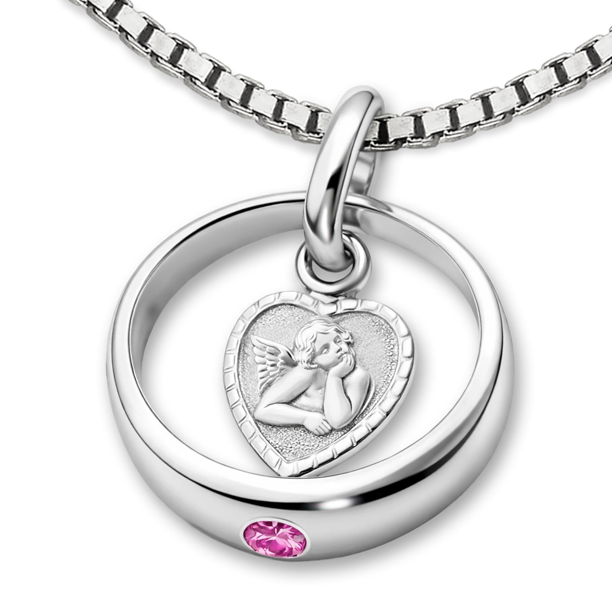 CLEVER SCHMUCK Mädchen Taufkette mit Zirkonia rosa + Schutzengel herzförmig + Veneziakette 36 cm STERLING SILBER 925 Taufgeschenk im Taufe Etui rosa
