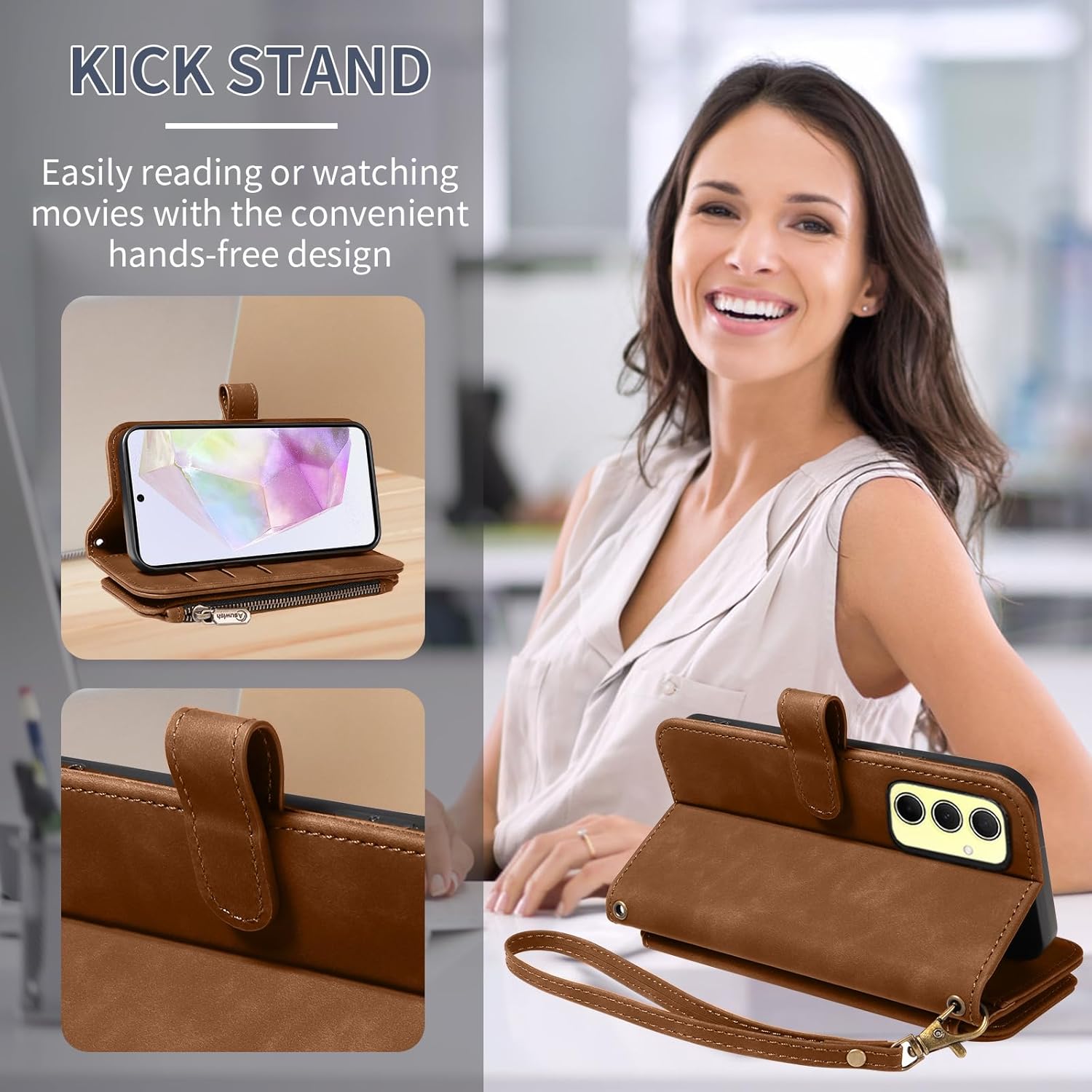 Asuwish Phone Case for Samsung Galaxy A35 5G Zipper Wallet Cell Cover with Tempered Glass Screen Protector Crossbody Wrist Strap Flip Credit Card Holder Shoulder Slot A 35 35A A355G Women Men Brown