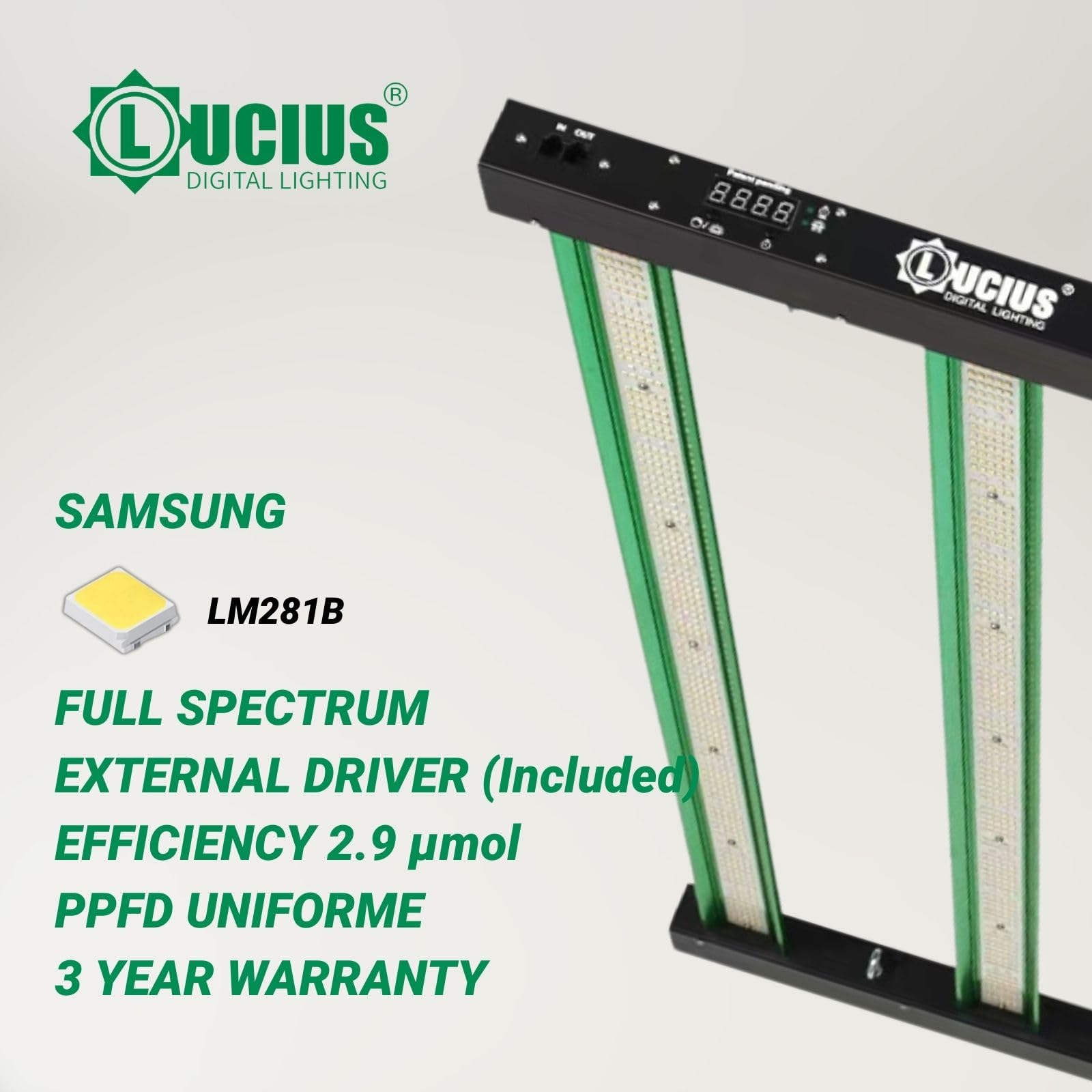 LUCIUS - Lámpara LED de 630W 2.9 Master Control - Cultivo espectro completo Crecimiento/Floración, UV IR, Función Anochecer/Amanecer, Regulable, Invernaderos y plantas interior, hortalizas y flores