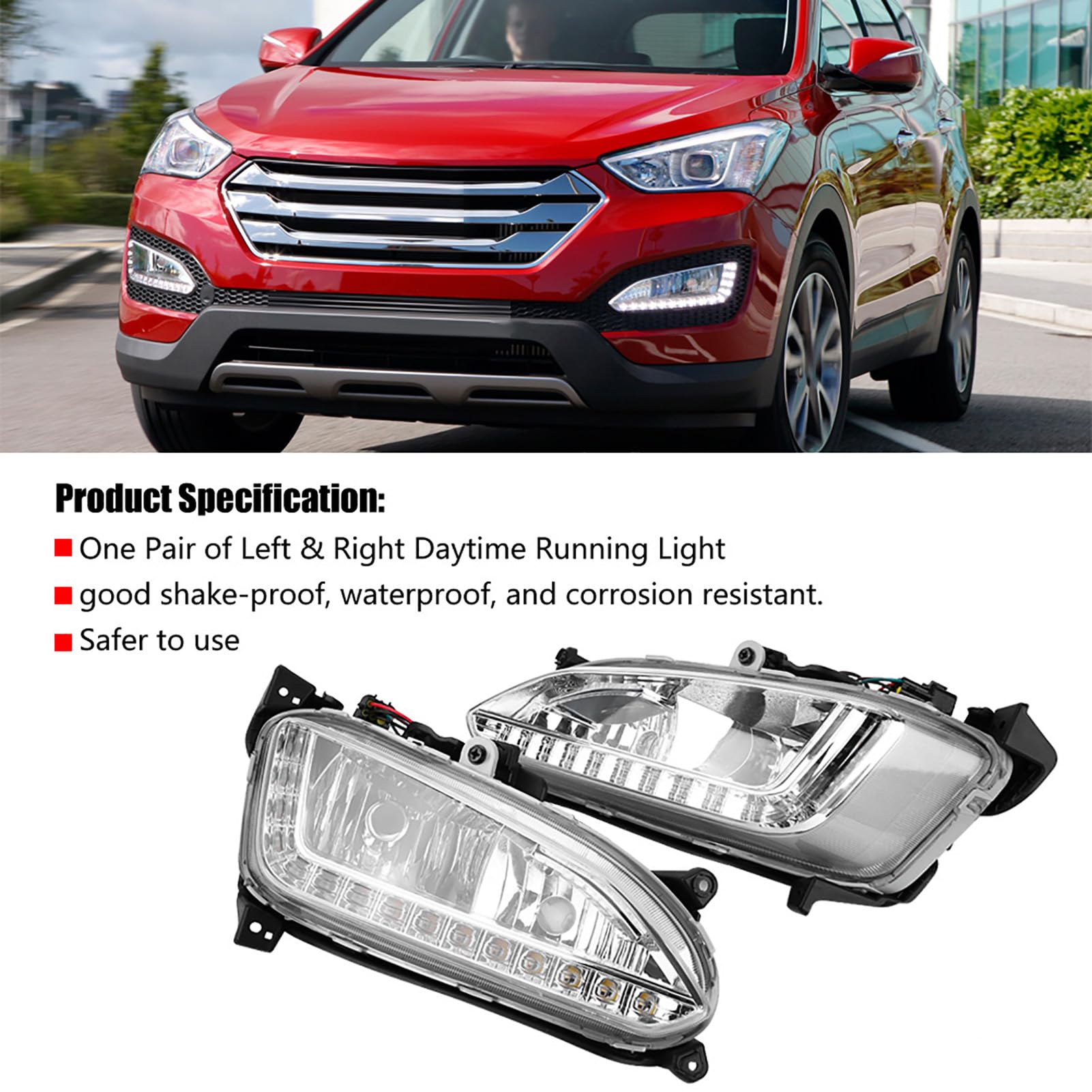 Tbest Luces Antiniebla Diurnas de Santa Fe, 1 par de Luces de Circulación Diurna para Coche, Cubierta de Lámpara Antiniebla Drl para Hyundai Santa Fe Ix45 2013 2015