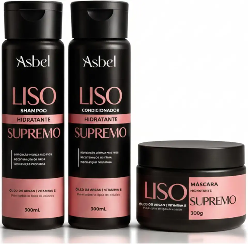 Kit Shampoo Condicionador Mascára 300g Liso Supremo Asbel – Alinhamento Capilar e Brilho Espelhado com Óleo de Argan e Vitamina E – Hidratação Profunda Pós Progressiva, Selagem (3 Itens)