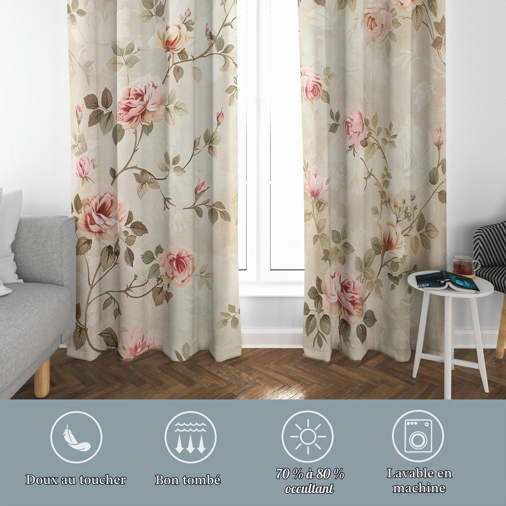 Rideaux Occultant Fleurs Rustique Vintage, Rideau Isolant Thermique pour Salon Chambre, Rideaux Motif Floral Rose, Lot de 2 Rideaux Opaque à Oeillets 140x240cm LxH