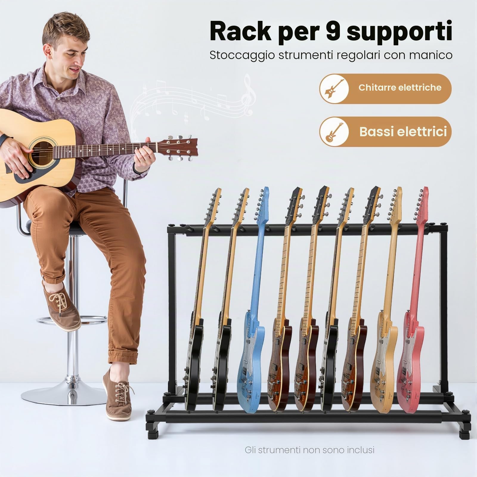 Supporto per chitarra acustica a 9 scomparti, in legno, per chitarra elettrica, supporto per cinque chitarre