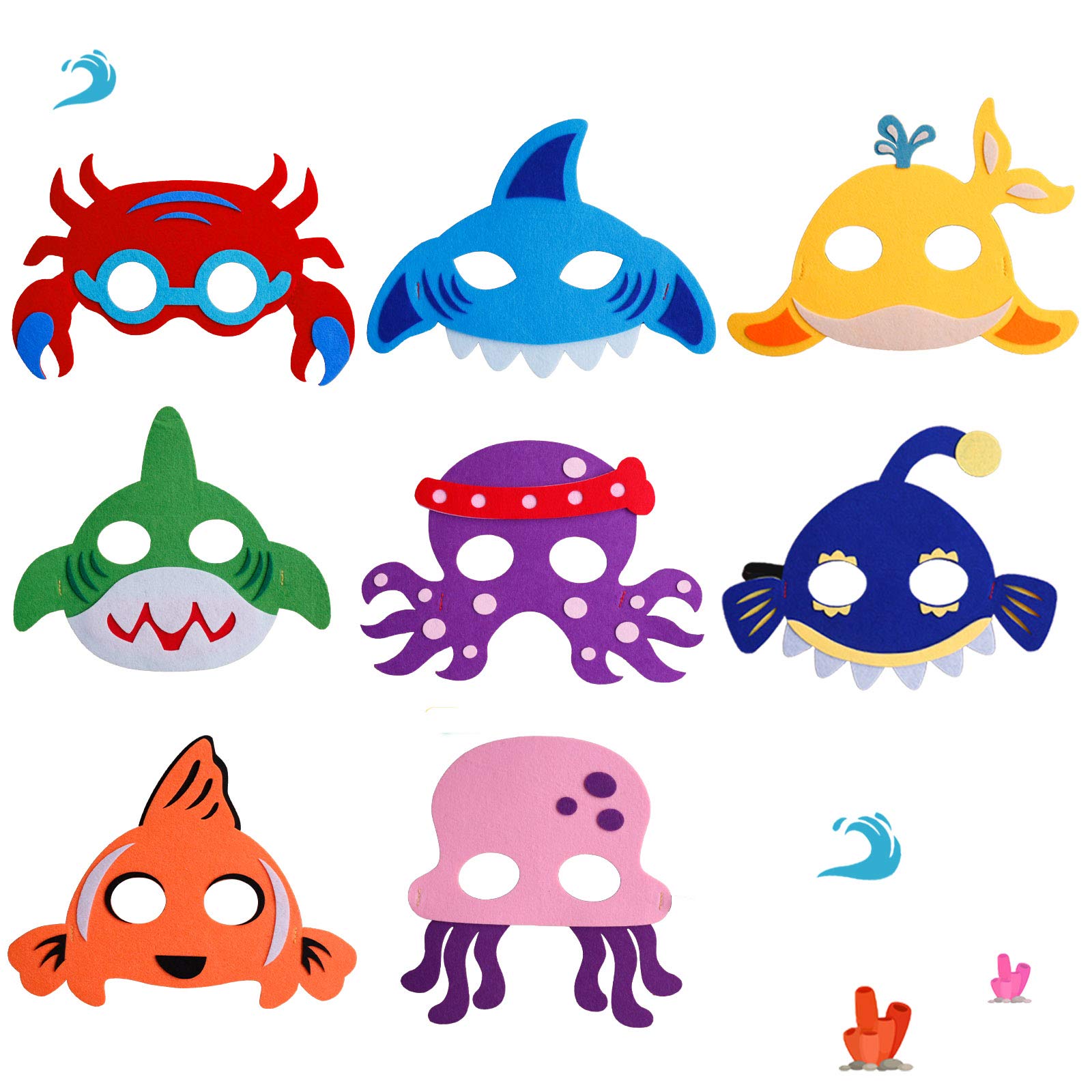 8 Assorted Ocean Animals Felt Masks for Kids Birthday Party Supplies Sea Creatures Dress-Up Masks Shark Octopus Crab Dress Up Costume Under the Sea Marine Themed Halloween Baby Shower