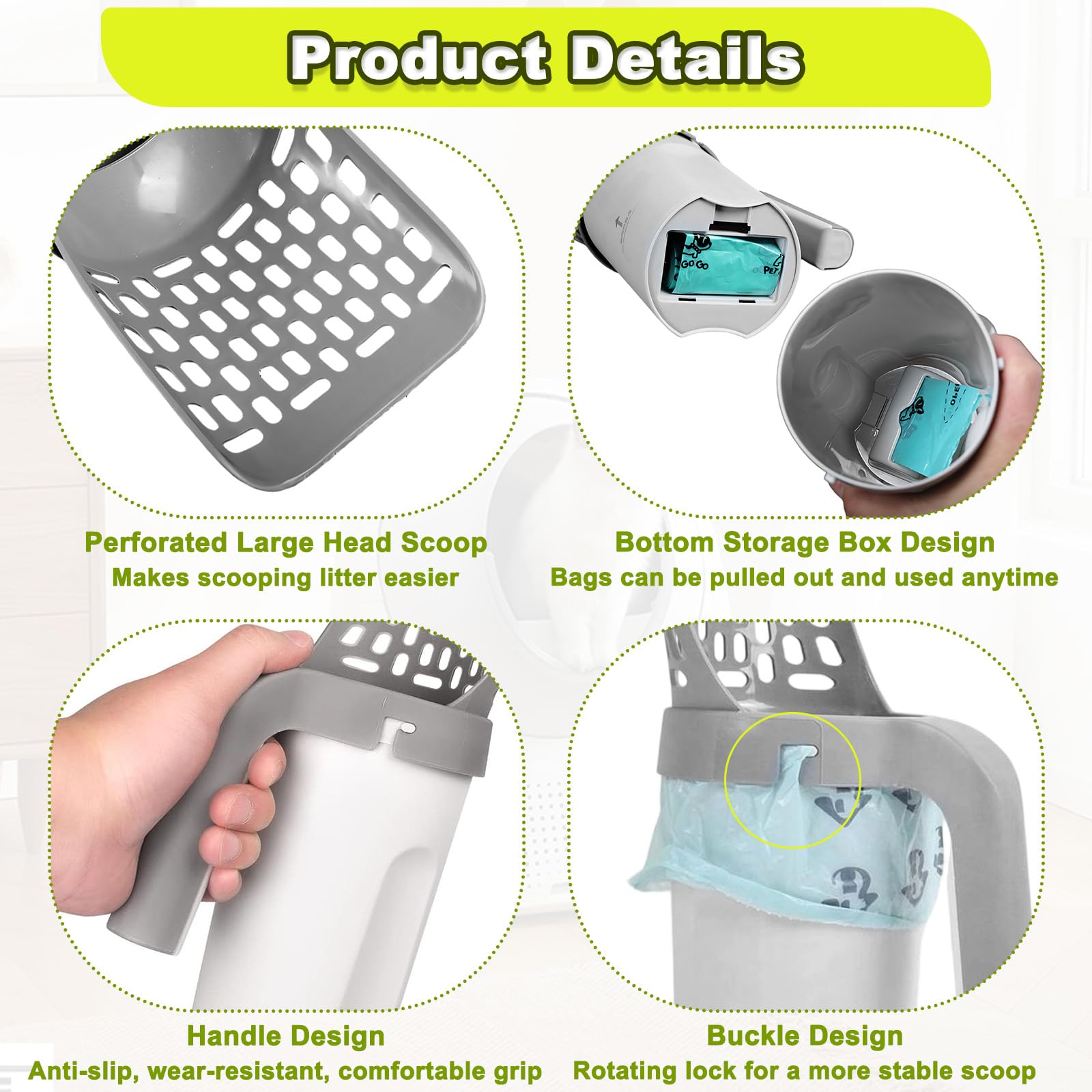 Pelle Litière Chat avec Support & Sacs Poubelles, Pelle Crottes Portable pour Animaux, Ramasse Déchets Gande Capacité, Accessoire pour Chat, Pelle Litiere Intégrée Multifonctionnelle