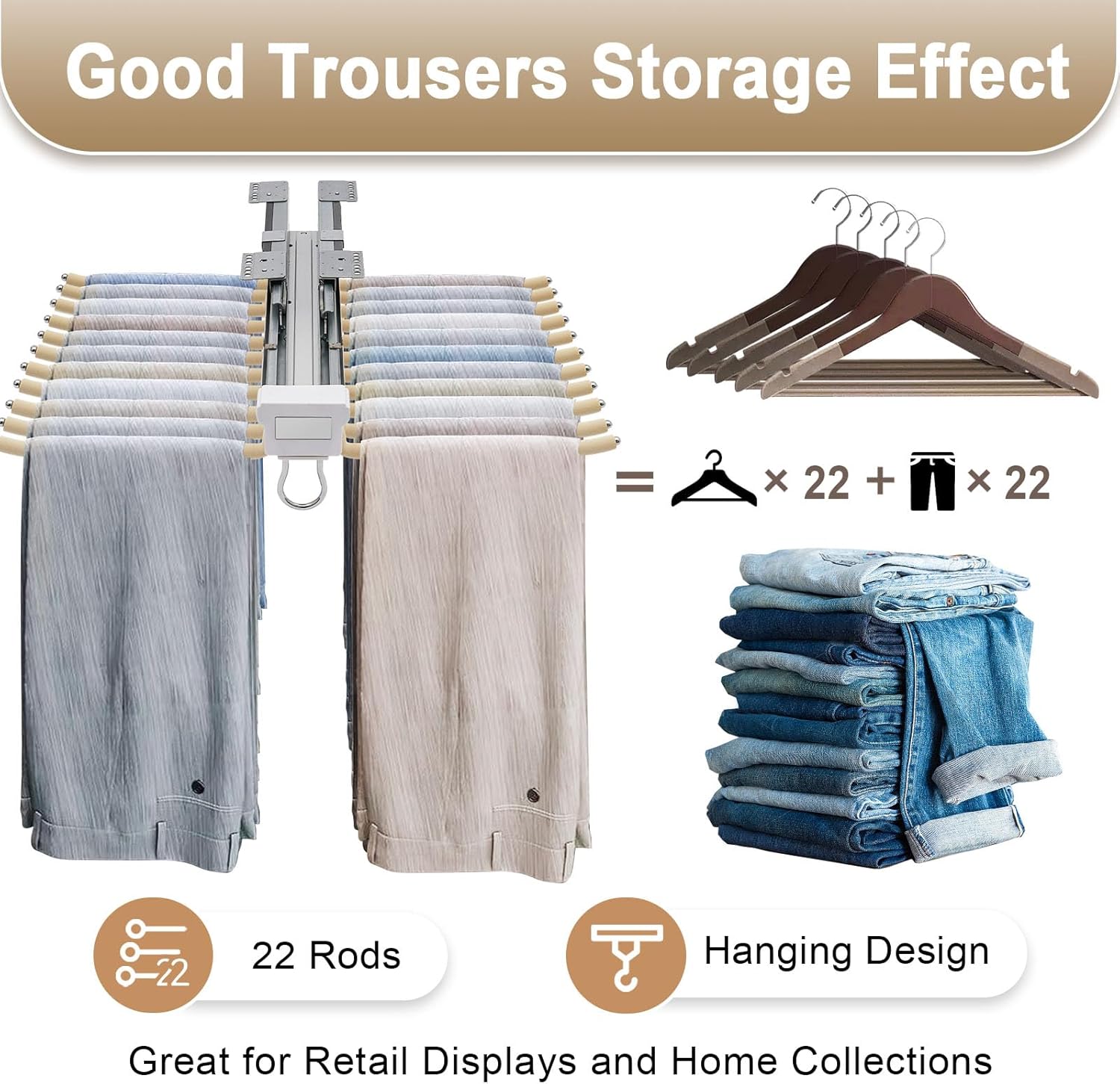 Pull Out Pants Rack for Closet, 22 Arms Steel Pants Hanger Bar Clothes Organizers for Space Saving and Storage, Adjustable Sliding Top Mounted Clothes Storage Hanger Rail for Wardrobe