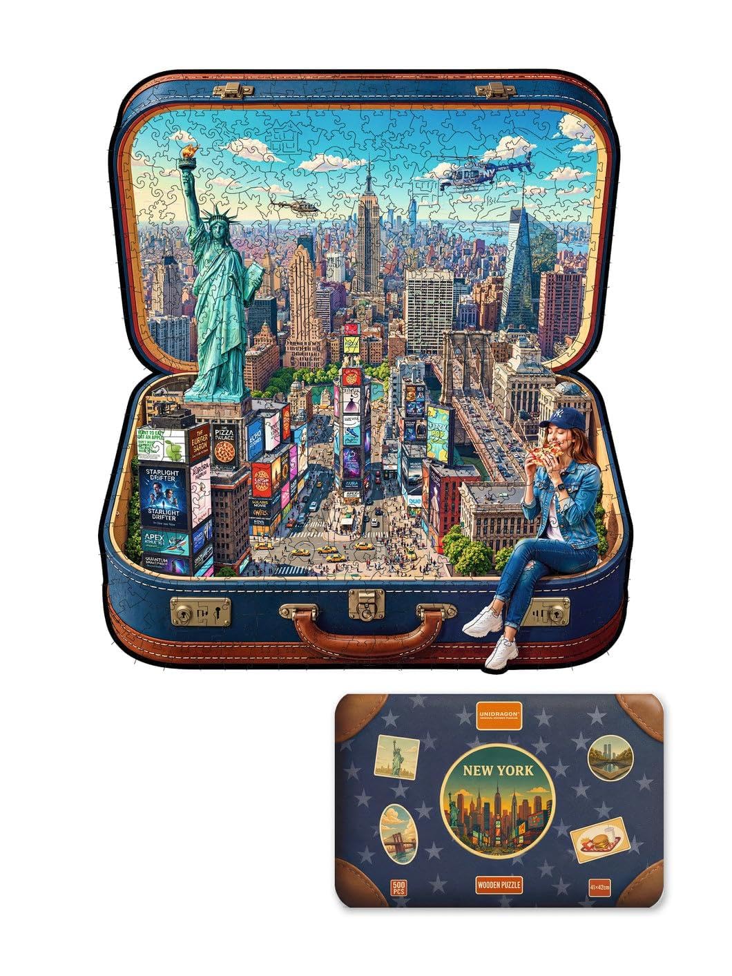 UNIDRAGON Puzzle en Bois - New York in a Case Jigsaw Puzzle - 500 pcs | 35 x 40 cm - Pièces de Forme Unique - Bois Découpé au Laser - Coffret Cadeau en Bois - Puzzle pour Adultes
