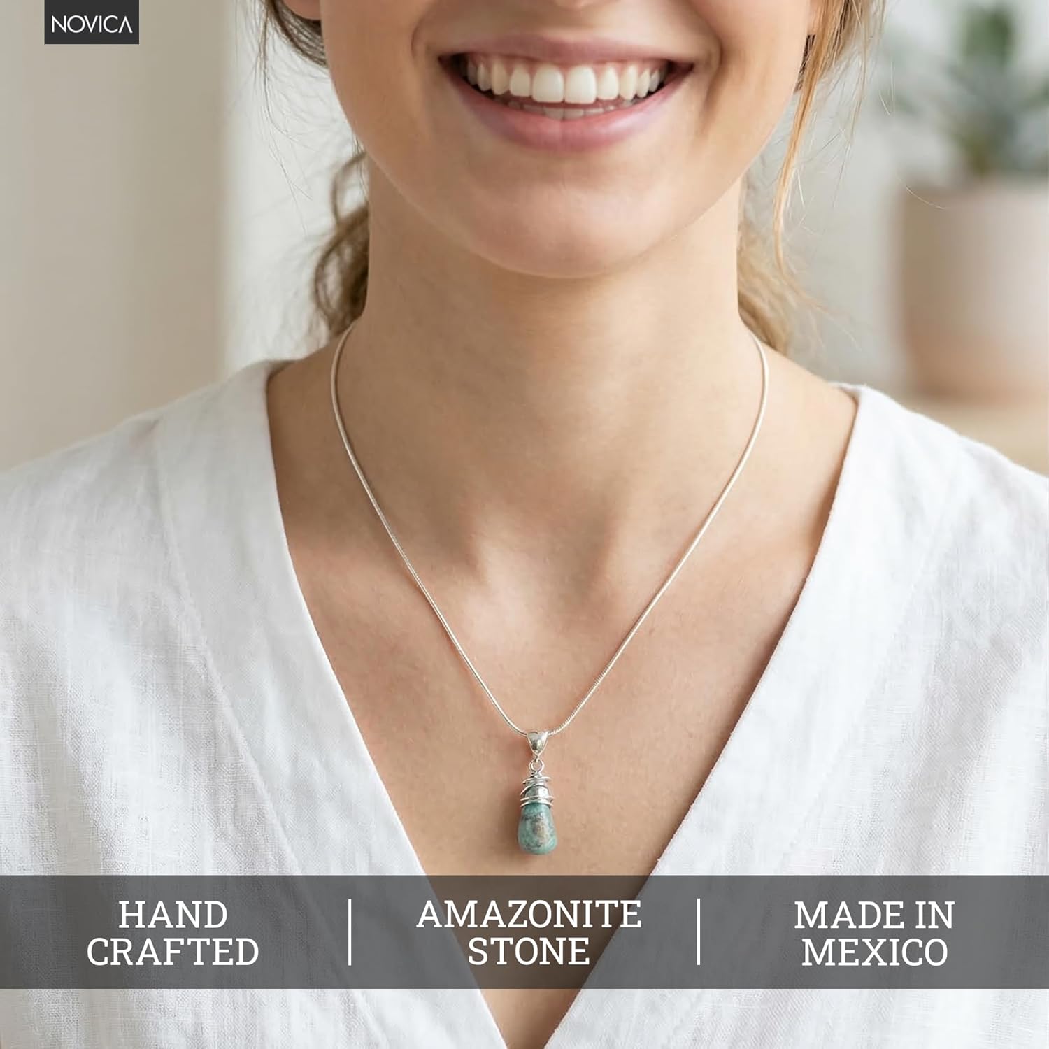 NOVICA Artisan Handmade Amazonite Pendant Necklace Artisanal Taxco Silver with Sterling Mexico Gemstone 'Golden Sea Currents'