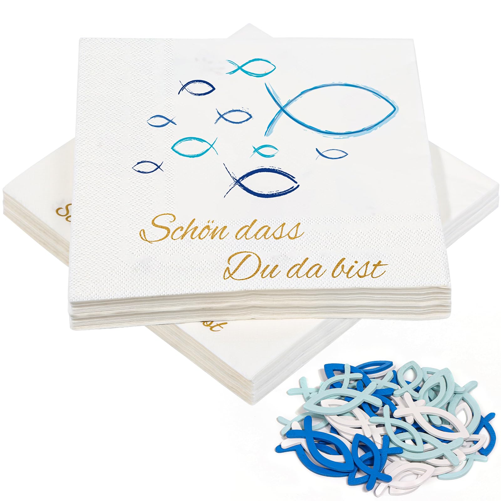 40 Stück Blaue Fisch Servietten und 45 Stück Holz Fische Deko, Schön, dass du da bist!', Fisch Tischdeko für Taufe, Kommunion, Konfirmation oder Andere festliche Anlässe, 33 x 33cm