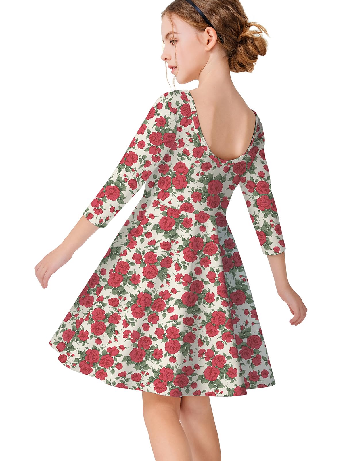 LaBeca Girls' Backless Dress Floral and Unicorn Printed A-line Swing 3/4 Sleeve Dress for 5-12 Years