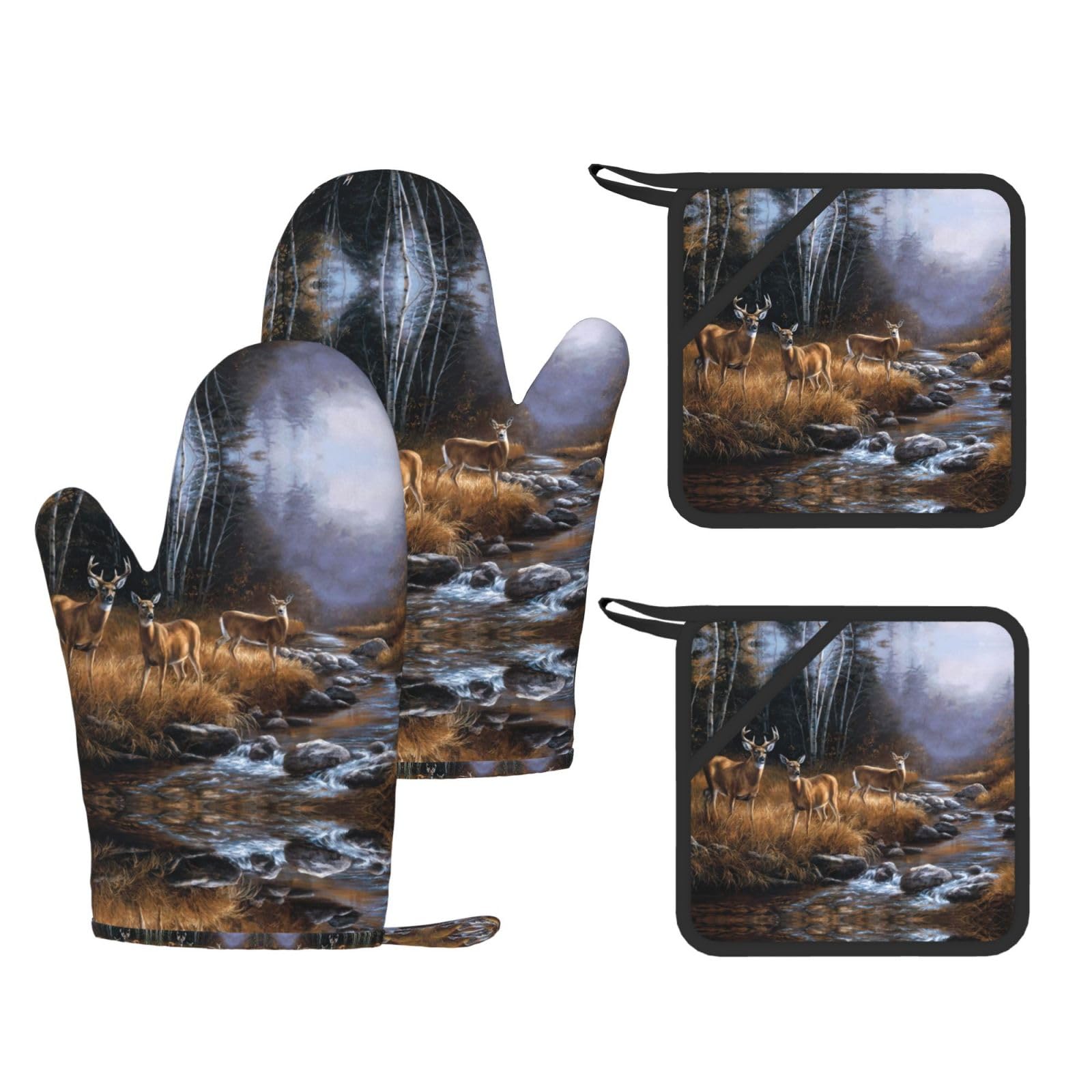 Beauty Deer Printed Oven Gloves and Hot Pads Set of 4, High Heat Resistant Silicone Mitts for Cooking BBQ