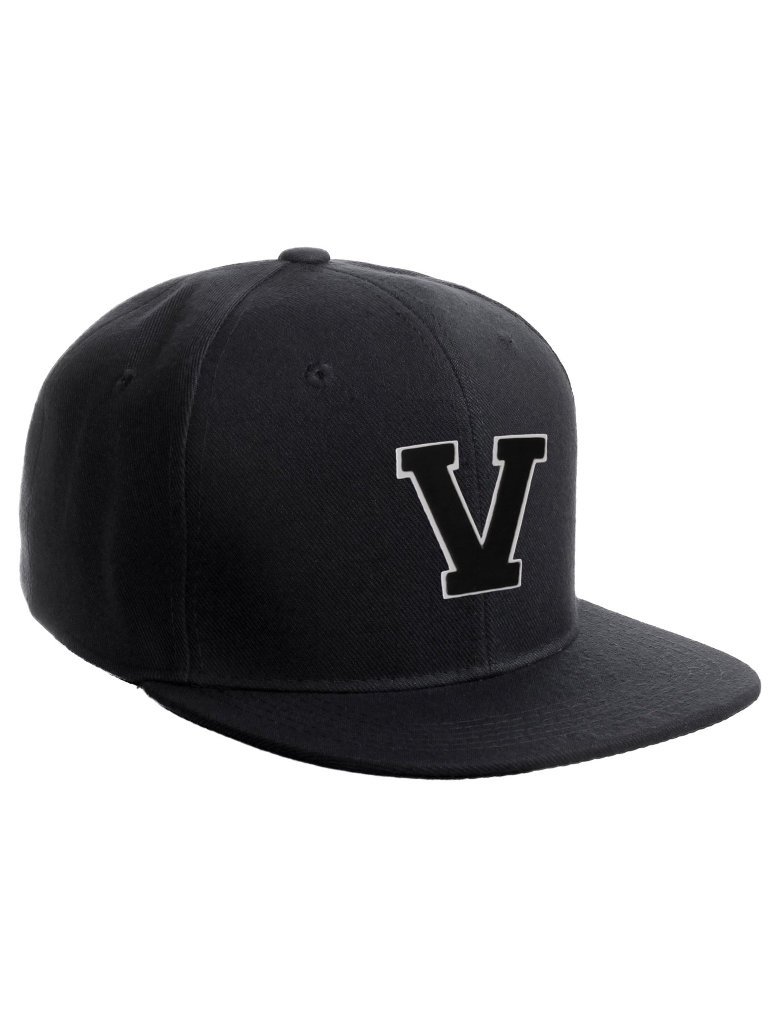 Classic Snapback Hat Custom A to Z Initial Raised Letters, Black Cap White Black