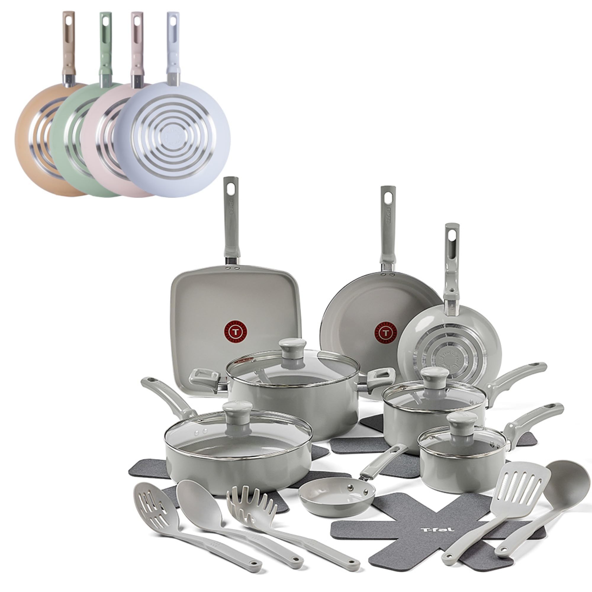 T-fal Refresh Ceramic, Ceramic Non Stick Cookware Set 20 Piece, Oven Broiler Safe 350F, Kitchen Set w/Egg Pan, Fry Pans, Saucepans, Griddle, Sautepan, Dutch Oven & Utensils, Pots, Pans, Moon Gray