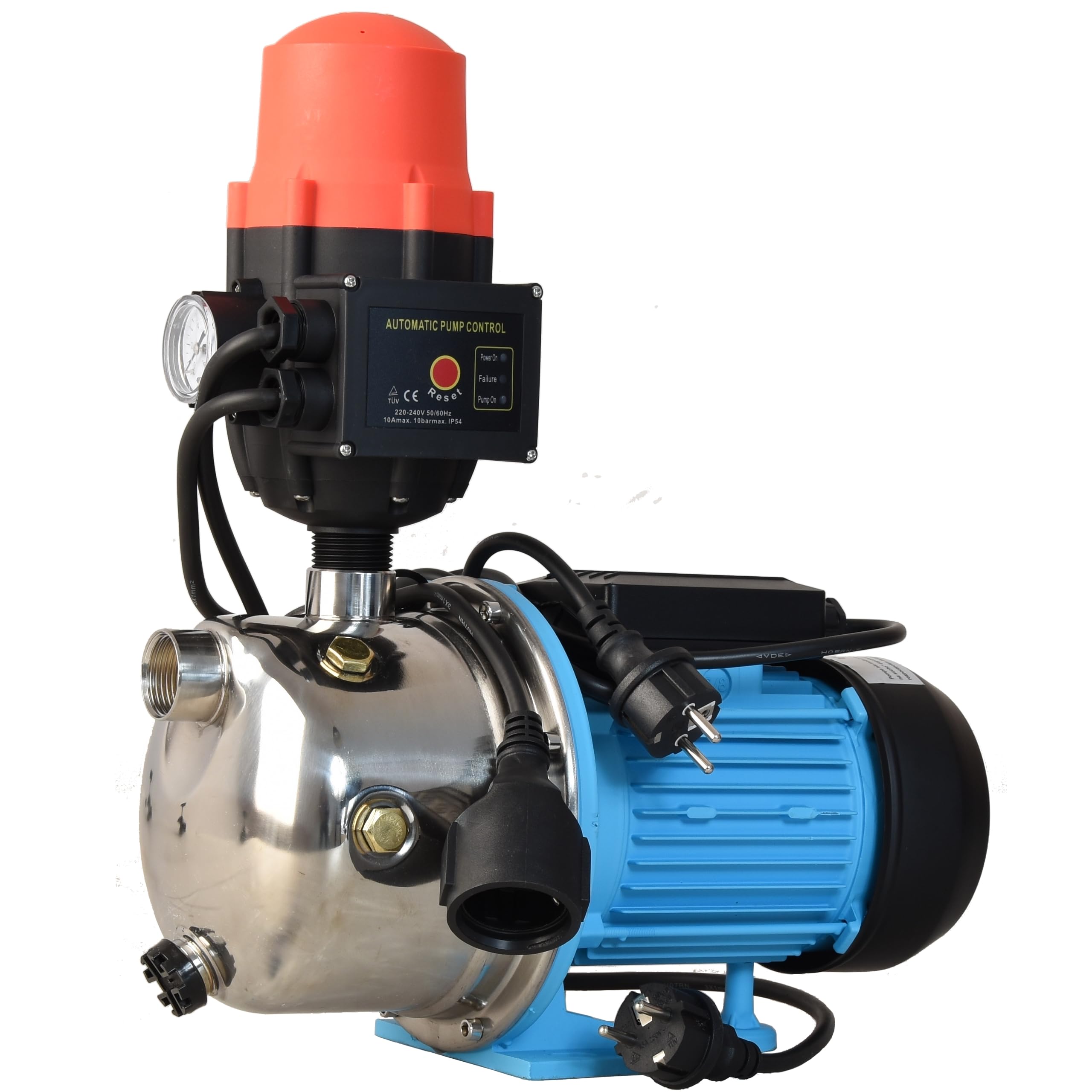 Pompe à Eau JX 1100 avec Pressostat CSK 21 - Pompe d’arrosage INOX (1100 W, 3600 l/h, hauteur de Refoulement 50 m) - Commande de Pompe - Marche/Arrêt automatiques - Protection Fonctionnement à Sec