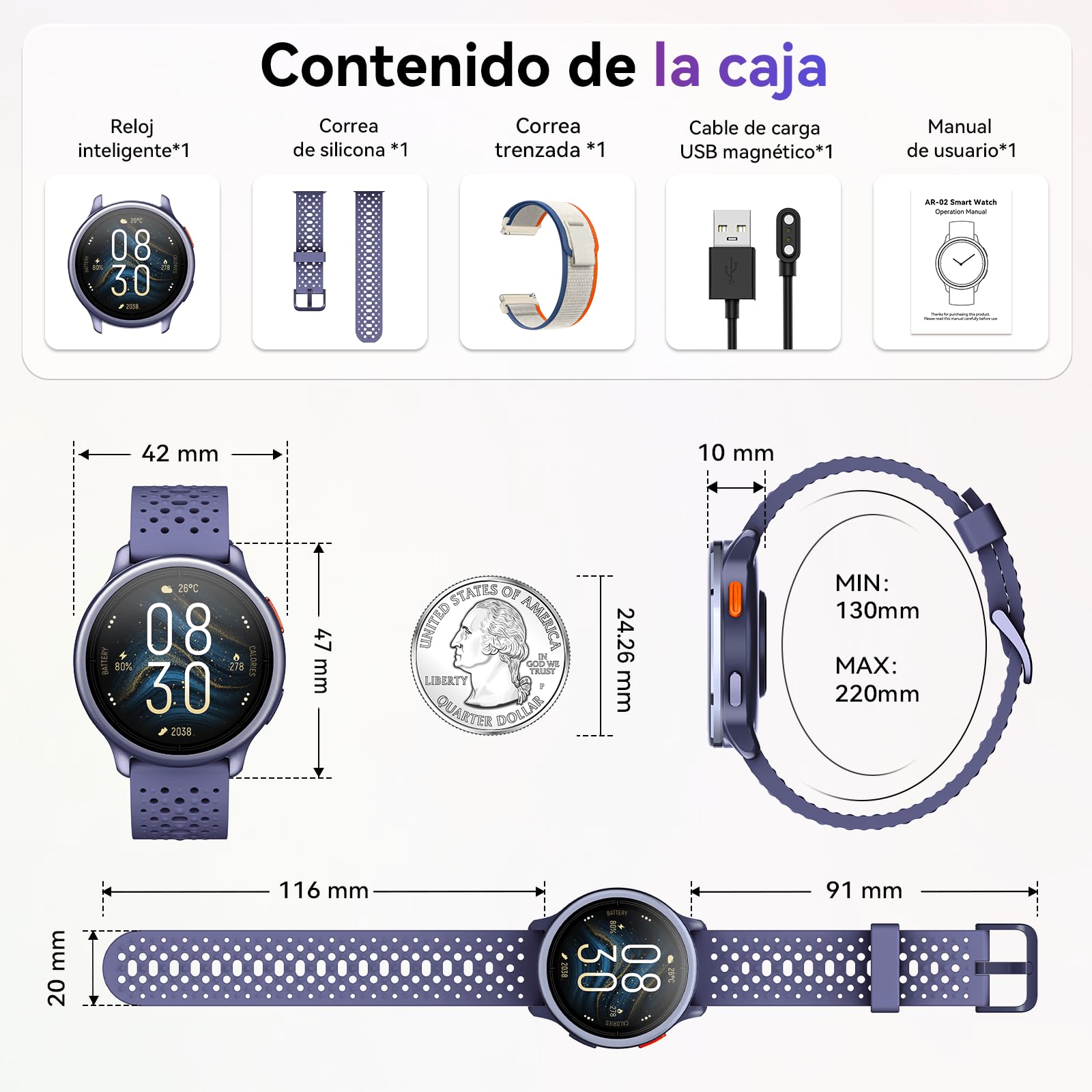 Reloj Inteligente Mujer 1.27" Smartwatch Redondo 2 Correas, Monitor de Sueño Funciones de Salud y Fitness 120+ Modos Deportivos 3ATM Impermeable para iPhone/Samsung/Android Púrpura