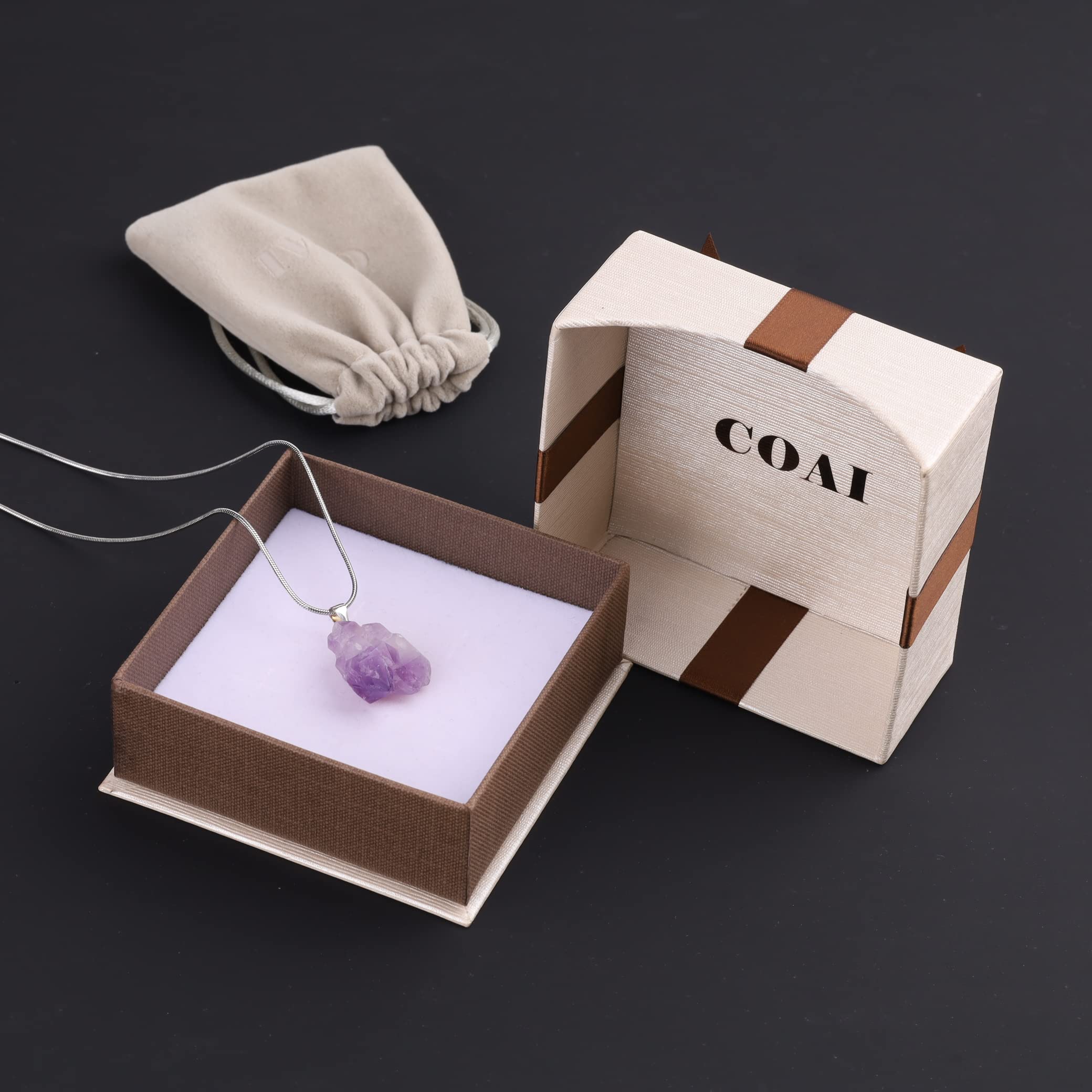 coai Collana da Donna in Acciaio Inox con Ciondolo di Ametista Grezza Naturale, Collana Ametista Grezza da Donna