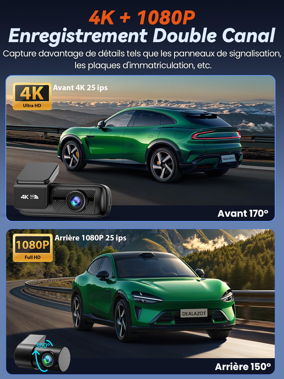 Dashcam Voiture Avant Arrière, Caméra 4K+1080P, Wi-Fi 5GHz avec Contrôle via App, Carte SD 64Go, Vision Nocturne, Stationnement 24H, Capteur G, Grand Angle 170°, WDR, Installation Facile (X4)