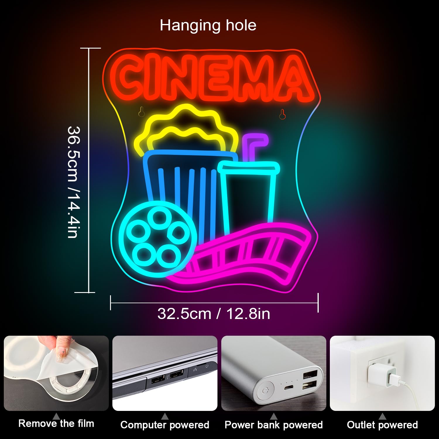 Horseneon Letrero Bio de Neón LED Luz de Neón para Pared con USB-Dimmer - Letreros de Luz de Neón para Dormitorio, Sala de Estar con Palomitas de Maíz