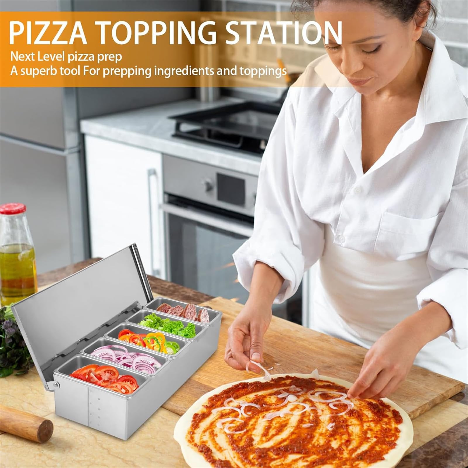 Recipiente para ingredientes para pizza de acero inoxidable 304 con 5 compartimentos, recipiente refrigerado para especias con tapa, estación de pizza, caja de frutas, servir tacos, ensalada de frutas