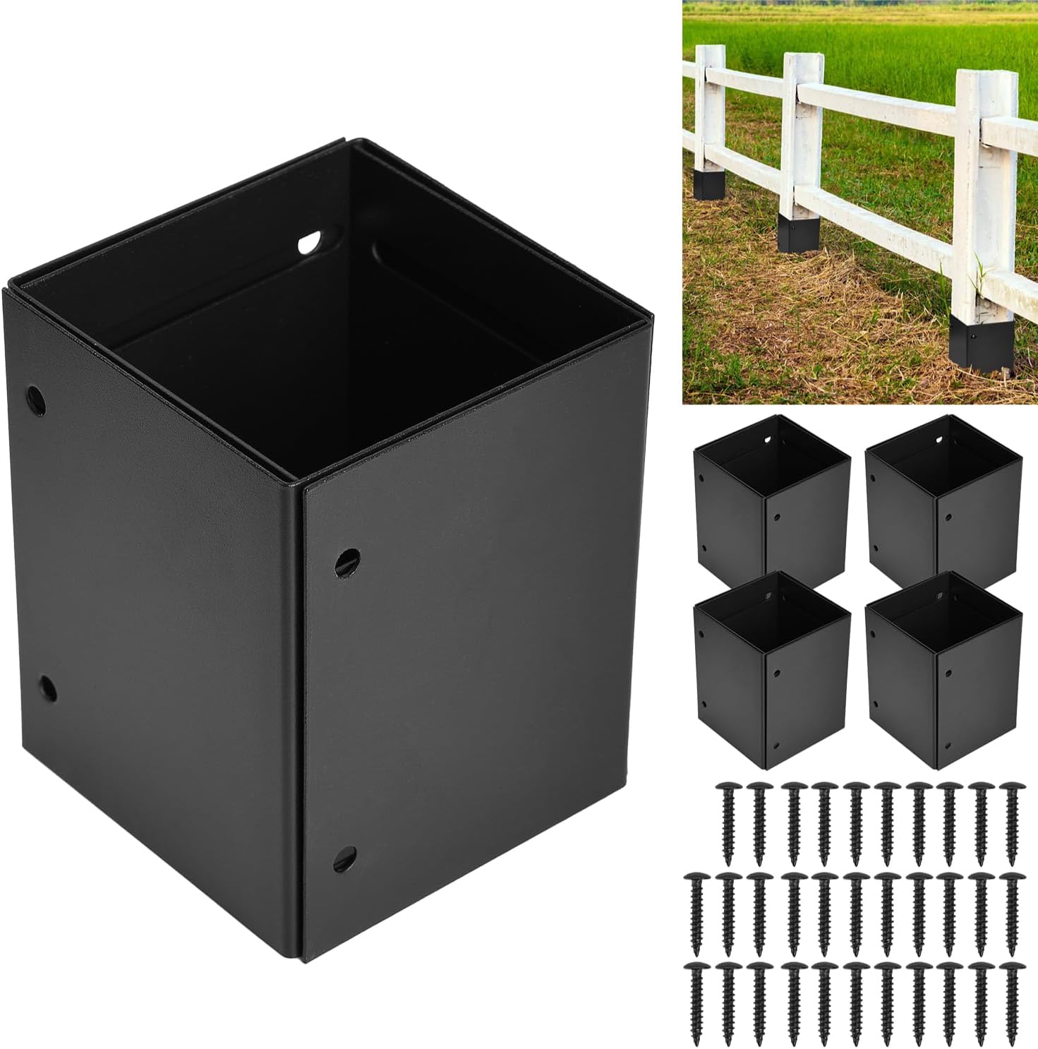 304 Stainless Steel Post Base Protectors Adjustable (Range 3.3-6in), Protects Wooden Mailboxes, Deck and Fences from Lawnmower and Rain Damage (Black - Set 4)