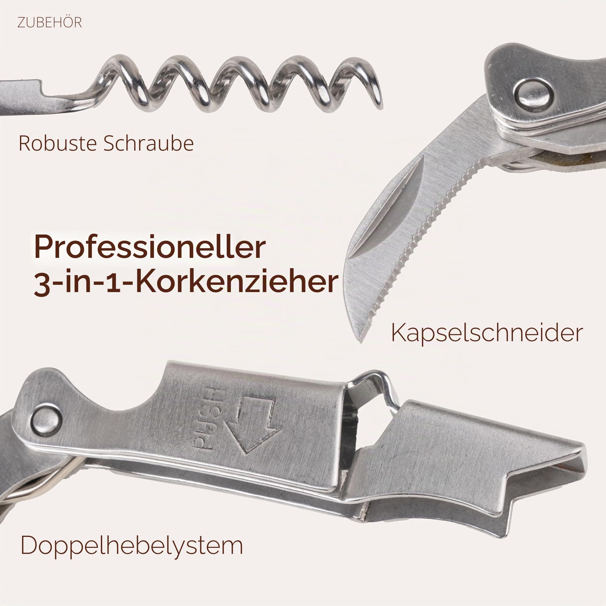 Filter zum Dekantieren des Weins in Trichterform aus Stahl mit Schichtstruktur und ergonomischem Griff + Kellnermesser mit Klinge zum Schneiden von Aluminium und einfacher Einführschraube, verpackt