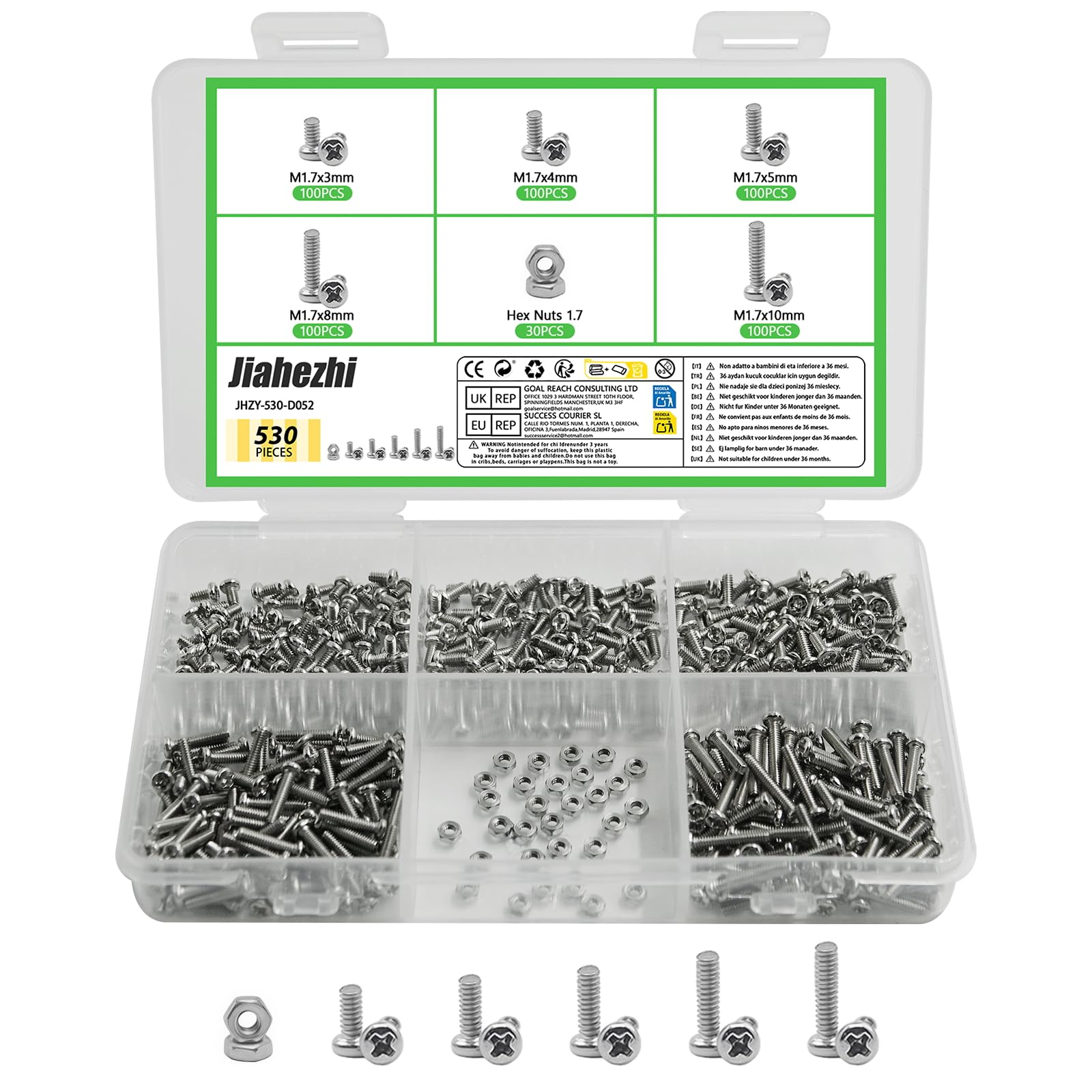 530 Pcs M1.7 Metric Micro Screws & Nuts Assortment, 304 Stainless Steel Phillips Pan Head Fully Threaded Kit for Arduino, RC Models, Electronics, DIY Projects - High Quality Fasteners