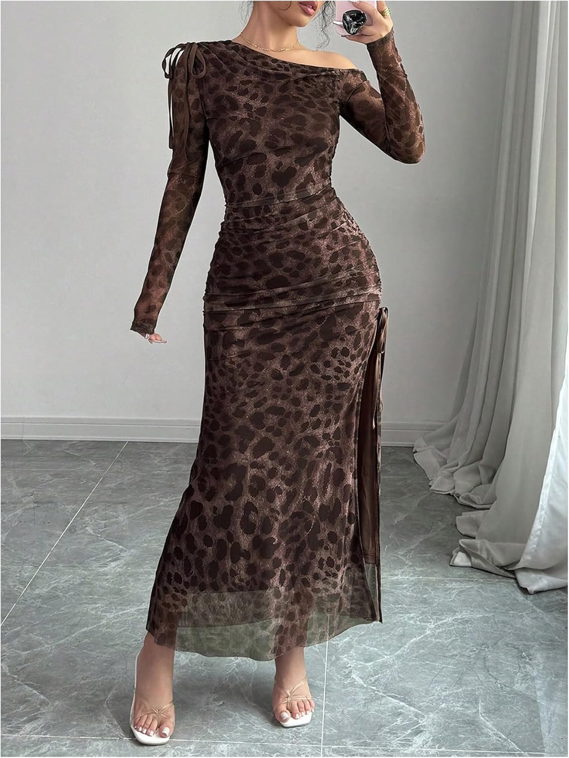 Milumia Women's Leopard Mesh Asymmetrical Neck Maxi Dress Long Sleeve Drawstring Slit Thigh Dresses - Image 4